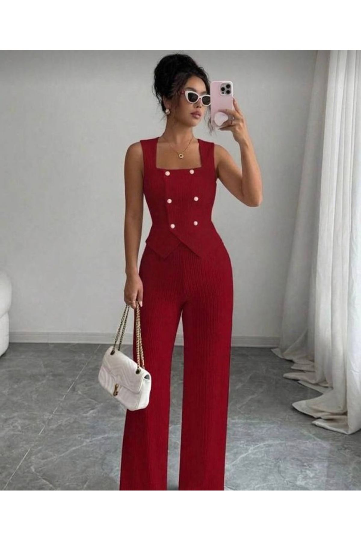 Kadın Düğmeli Bürümcük Kumaş Takım