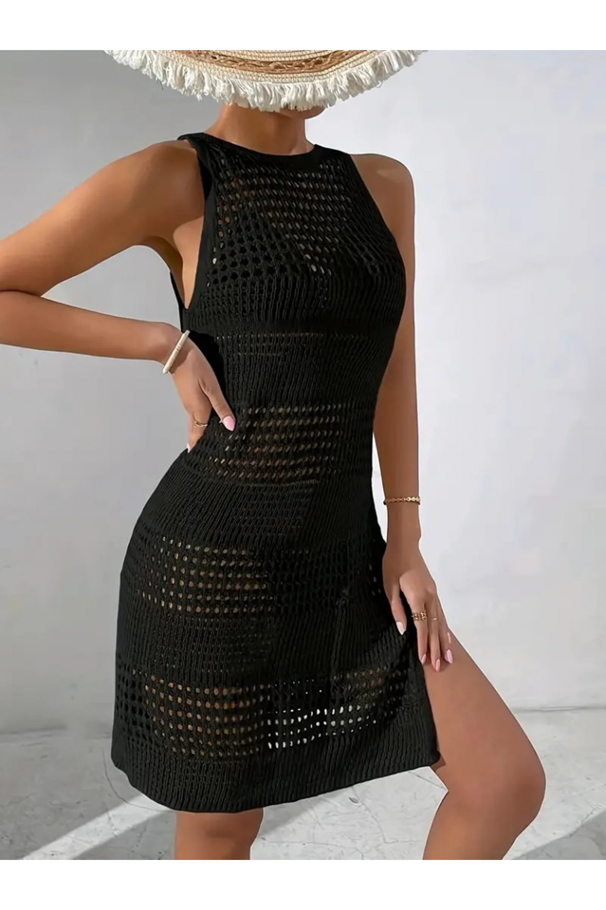 Kadın Kolsuz Derin Sırt Dekolteli Ajurlu Triko Pareo