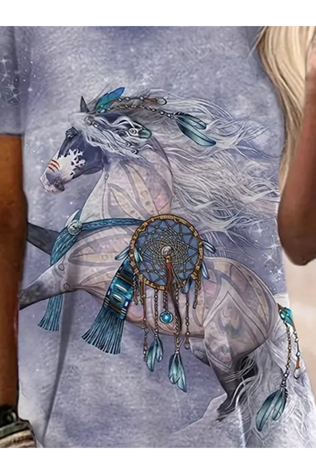 Kadın Kısa Kollu Bisiklet Yaka Mitolojik At Figür Baskılı Salaş Süprem Bluz