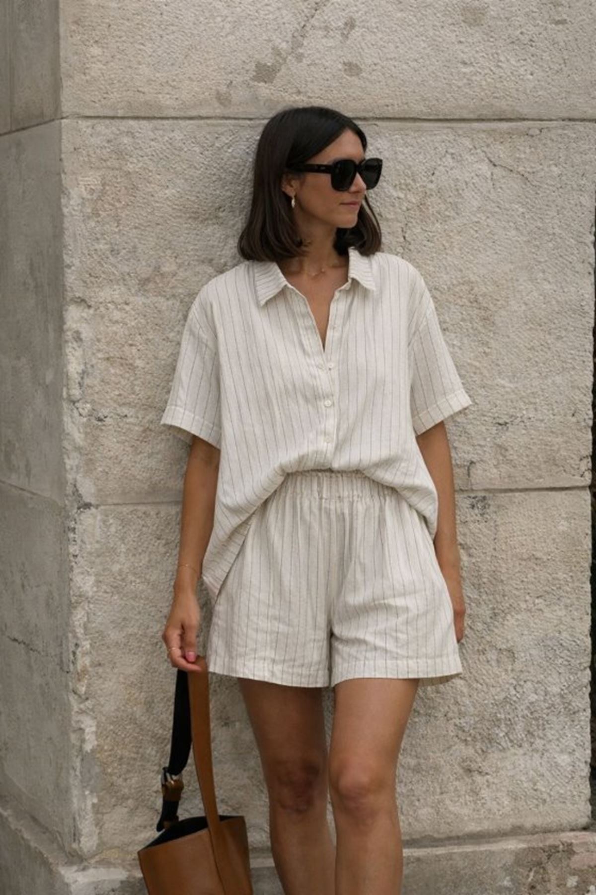 Kadın Kısa Kollu çizgili Modal Kumaş Gömlek Ve Yüksek Bel Lastik Detay şort Ikili Takım