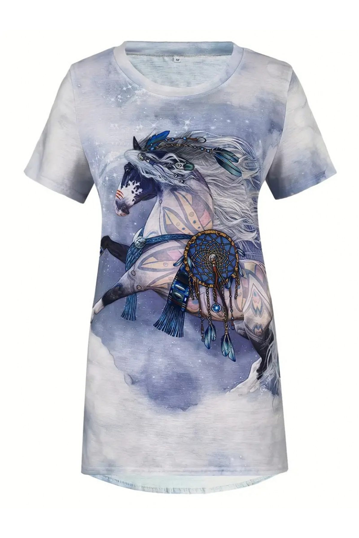 Kadın Kısa Kollu Bisiklet Yaka Mitolojik At Figür Baskılı Salaş Süprem Bluz