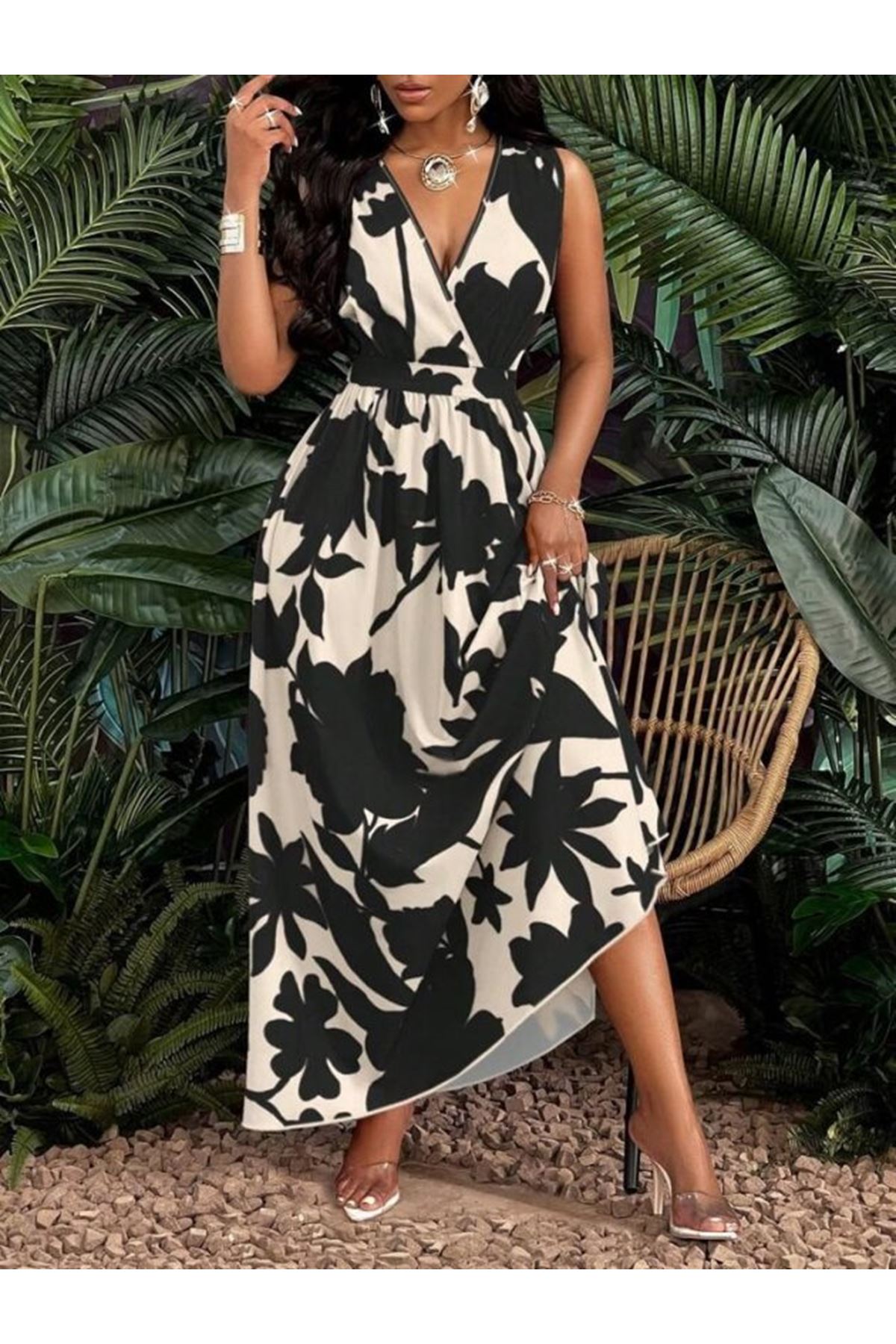 Kadın Askılı Kruvaze Yakalı çiçek Desenli Uzun Süprem Elbise