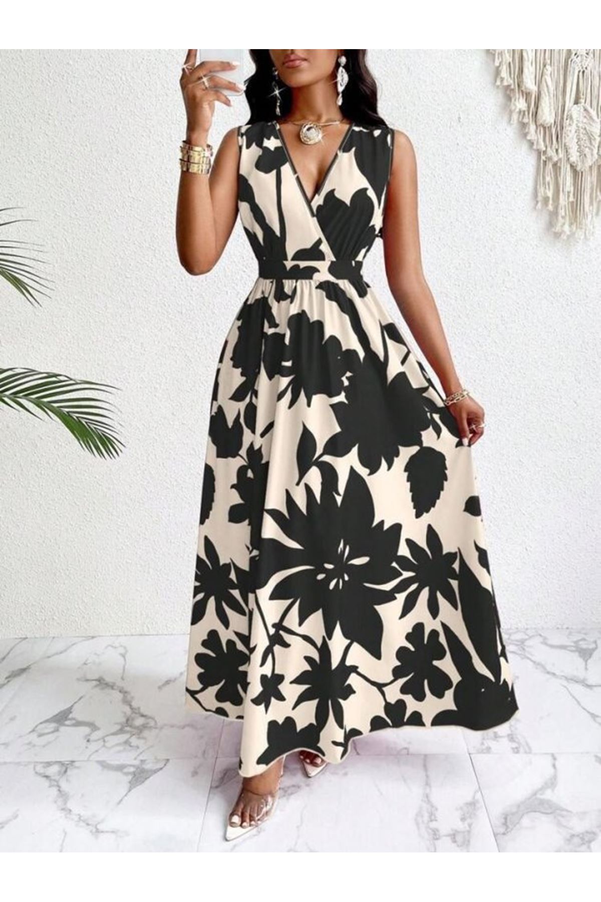 Kadın Askılı Kruvaze Yakalı çiçek Desenli Uzun Süprem Elbise