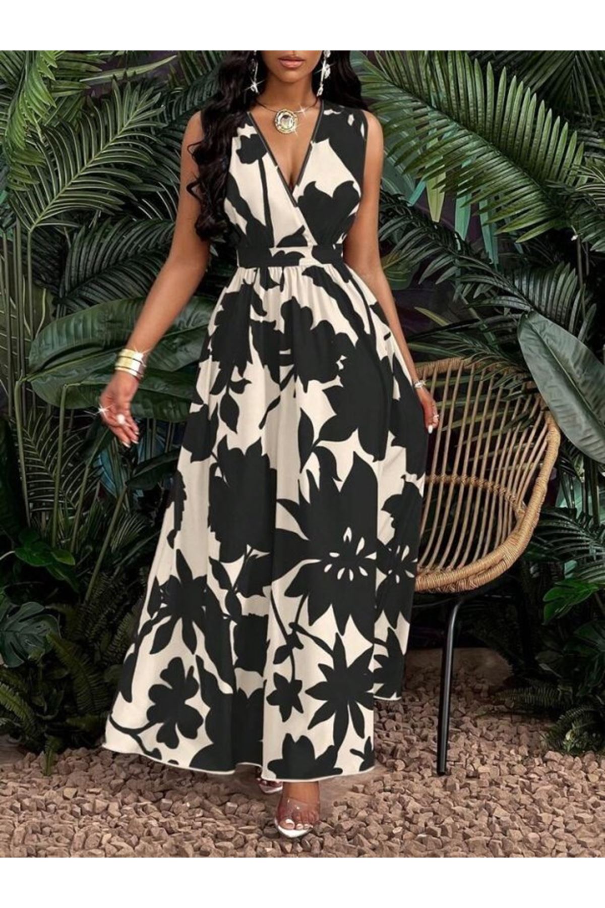 Kadın Askılı Kruvaze Yakalı çiçek Desenli Uzun Süprem Elbise