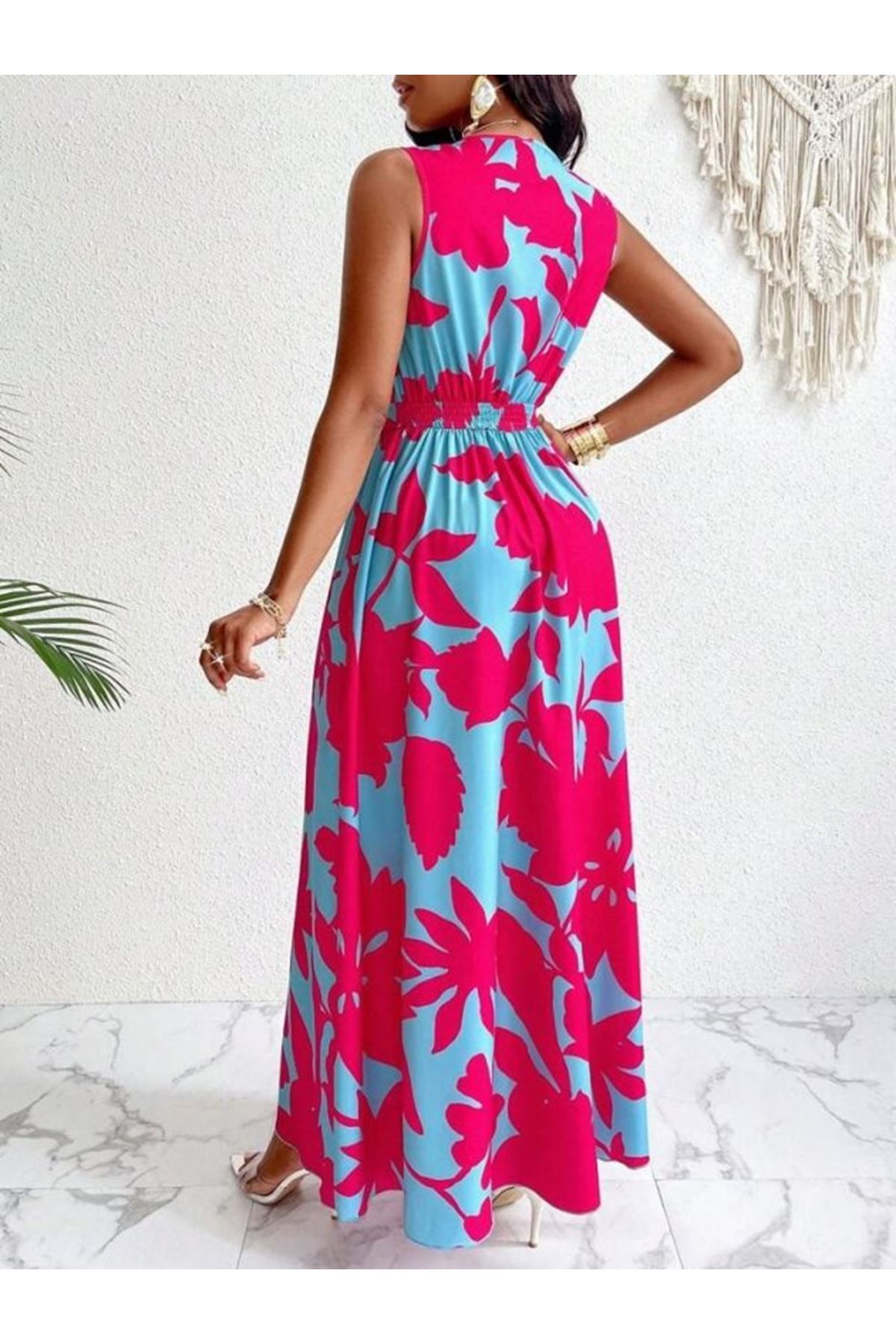 Kadın Askılı Kruvaze Yakalı çiçek Desenli Uzun Süprem Elbise