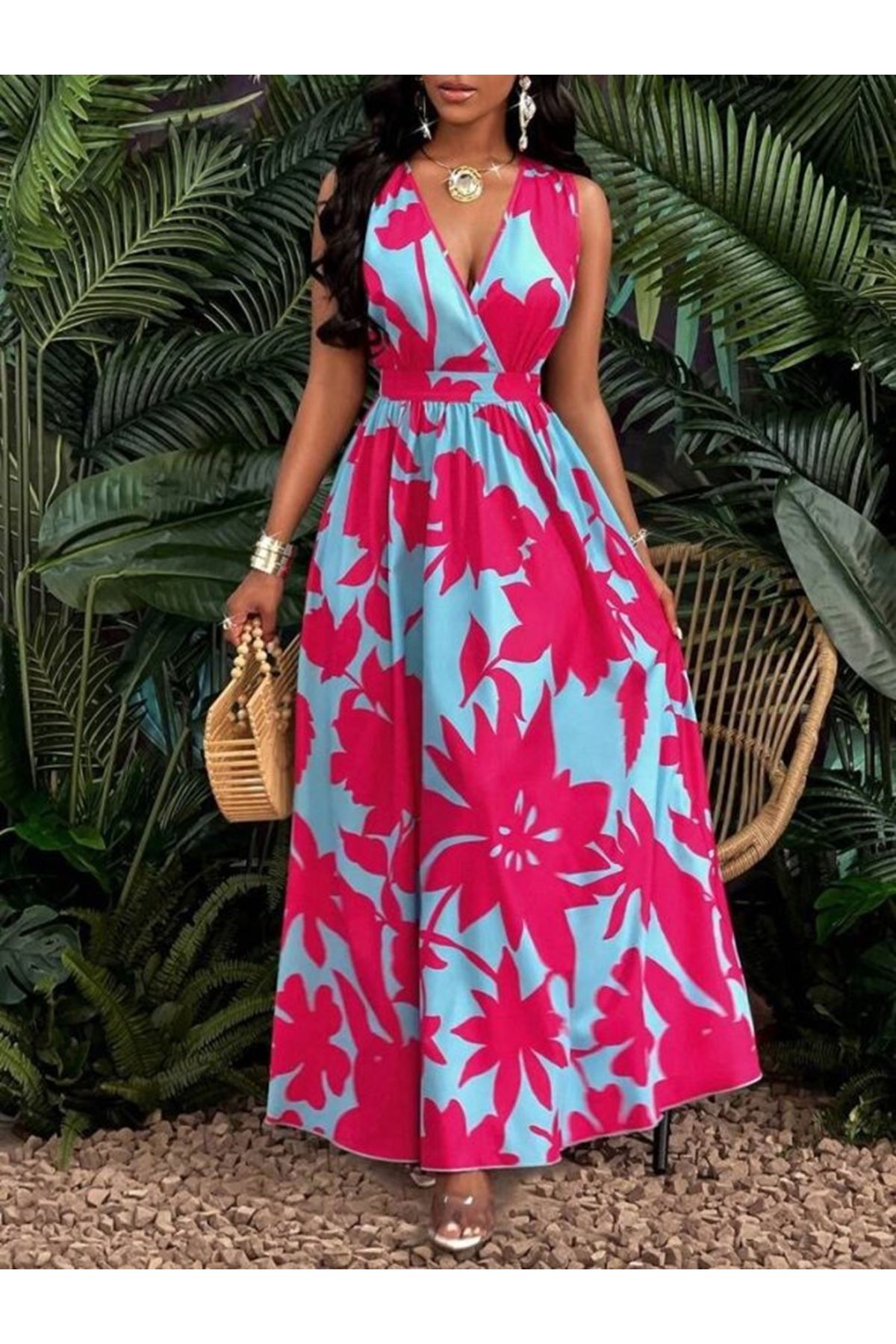 Kadın Askılı Kruvaze Yakalı çiçek Desenli Uzun Süprem Elbise