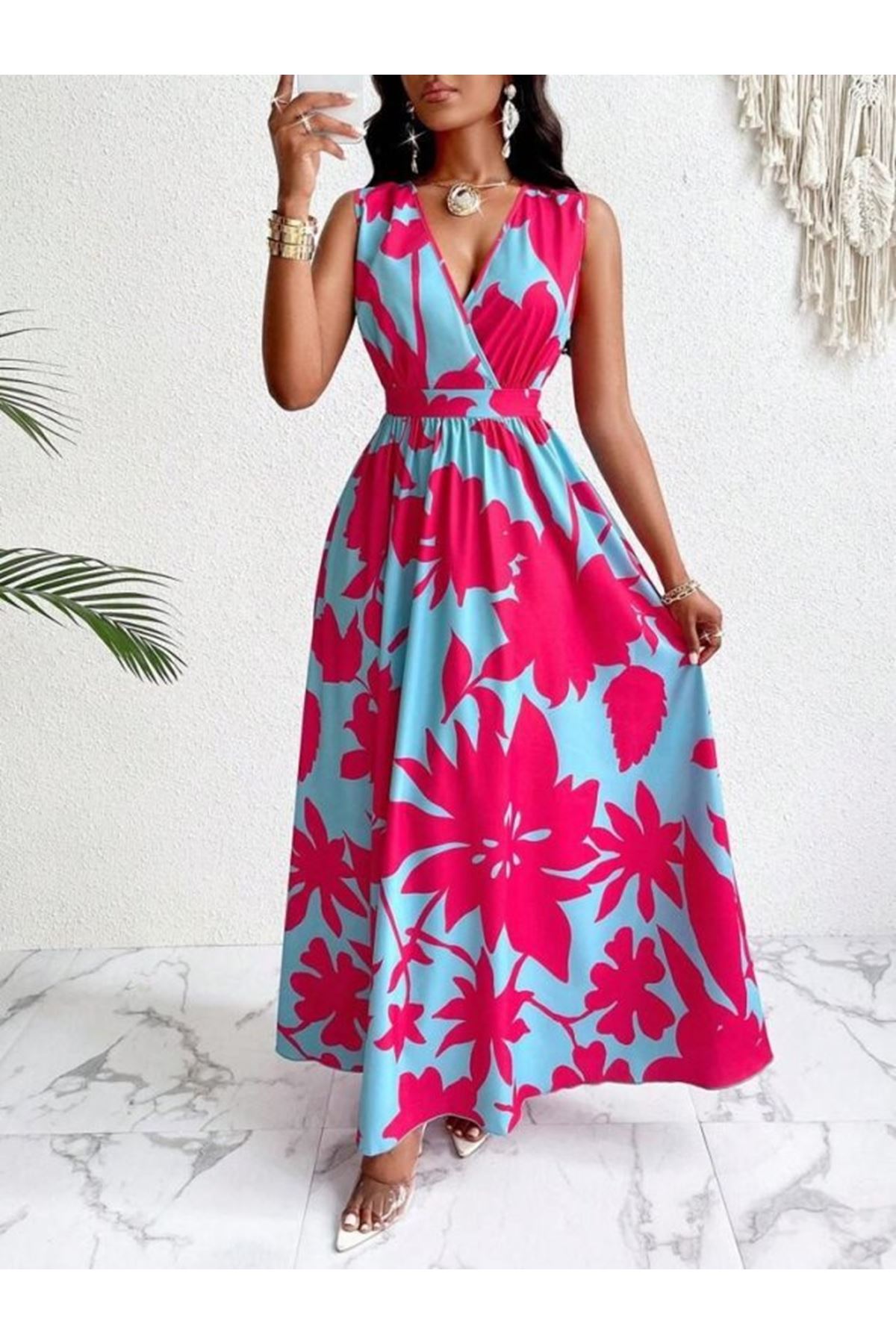 Kadın Askılı Kruvaze Yakalı çiçek Desenli Uzun Süprem Elbise