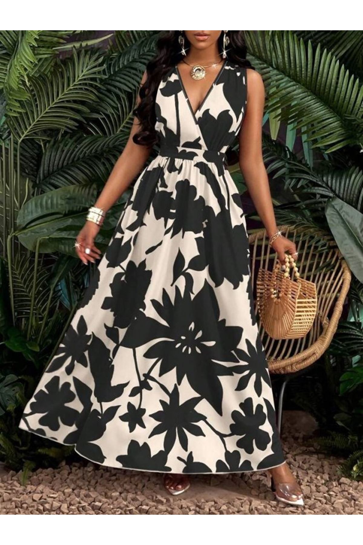 Kadın Askılı Kruvaze Yakalı çiçek Desenli Uzun Süprem Elbise