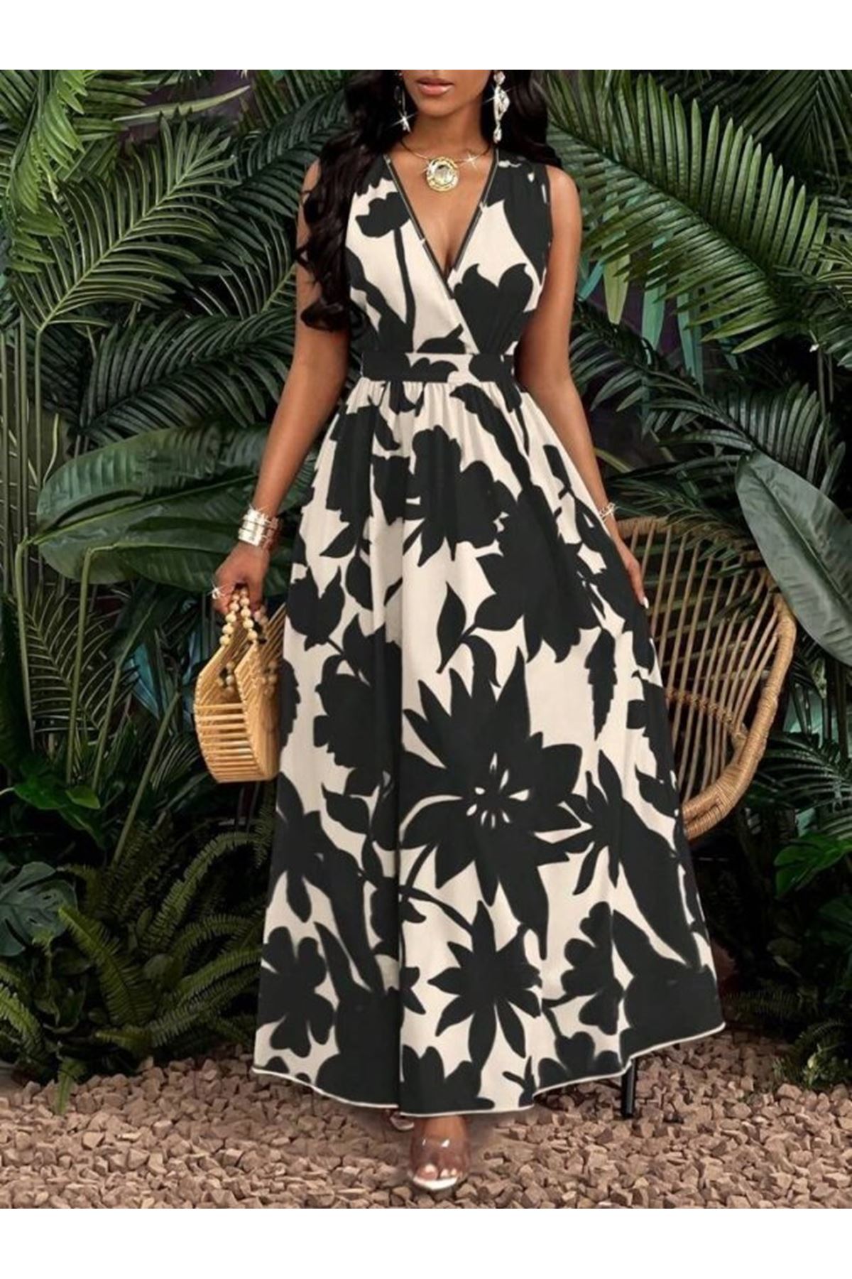 Kadın Askılı Kruvaze Yakalı çiçek Desenli Uzun Süprem Elbise