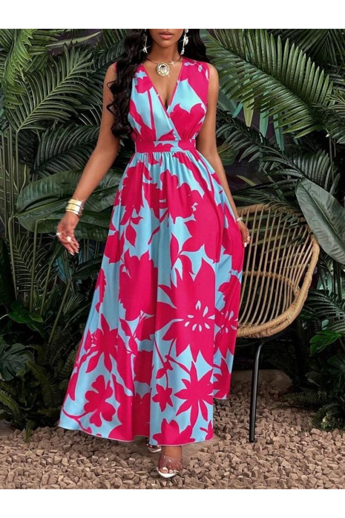 Kadın Askılı Kruvaze Yakalı çiçek Desenli Uzun Süprem Elbise