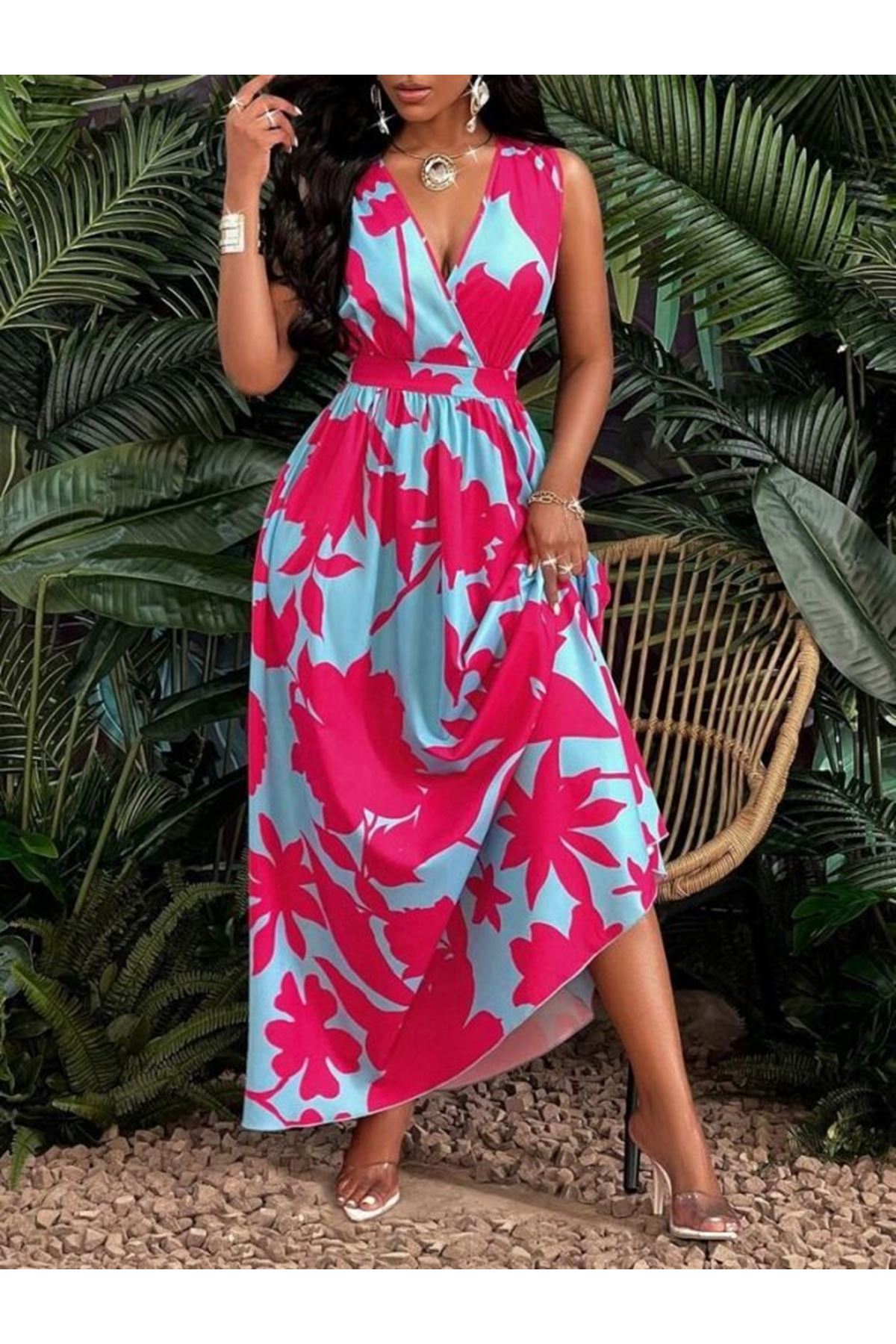 Kadın Askılı Kruvaze Yakalı çiçek Desenli Uzun Süprem Elbise