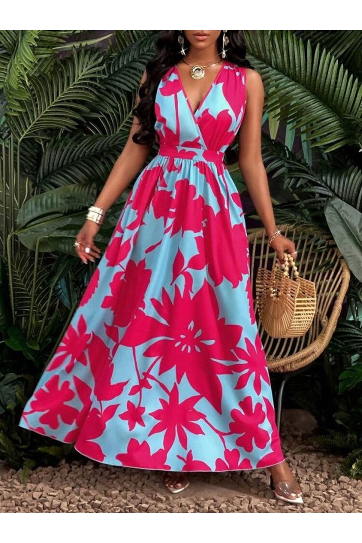 Kadın Askılı Kruvaze Yakalı çiçek Desenli Uzun Süprem Elbise