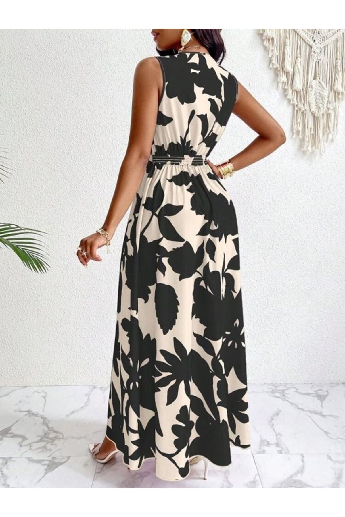 Kadın Askılı Kruvaze Yakalı çiçek Desenli Uzun Süprem Elbise