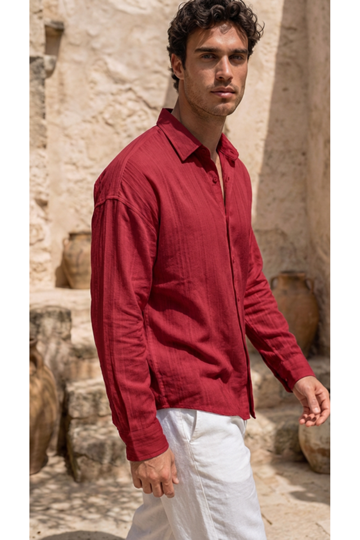 Erkek Armürlü Yarım Oversize Keten Gömlek
