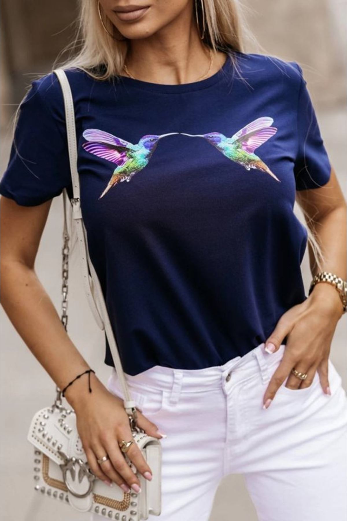 Kadın Kuş Desenli Süprem T-shirt