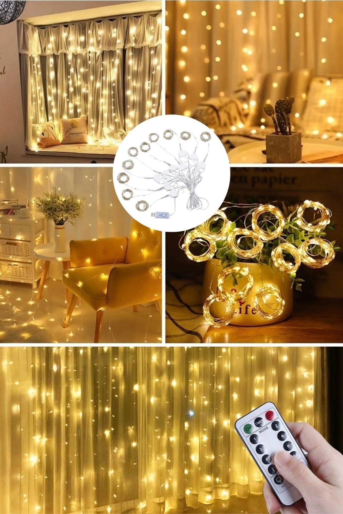 TBL Dekor® Uzaktan Kumandalı LED Perdeye Takılabilen Kancalı Işık Usb 3x3 Metre Peri Perde LED