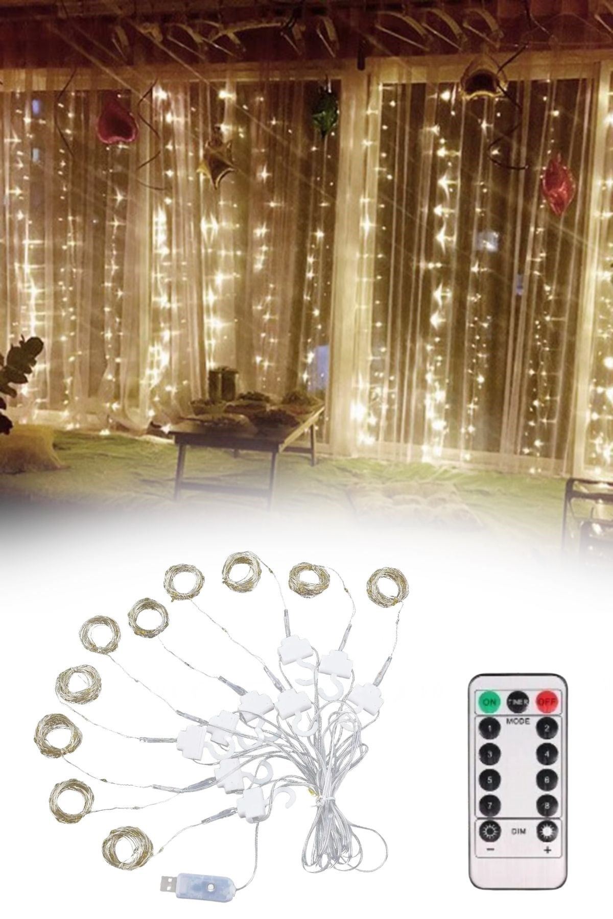 TBL Dekor® Uzaktan Kumandalı LED Perdeye Takılabilen Kancalı Işık Usb 3x3 Metre Peri Perde LED