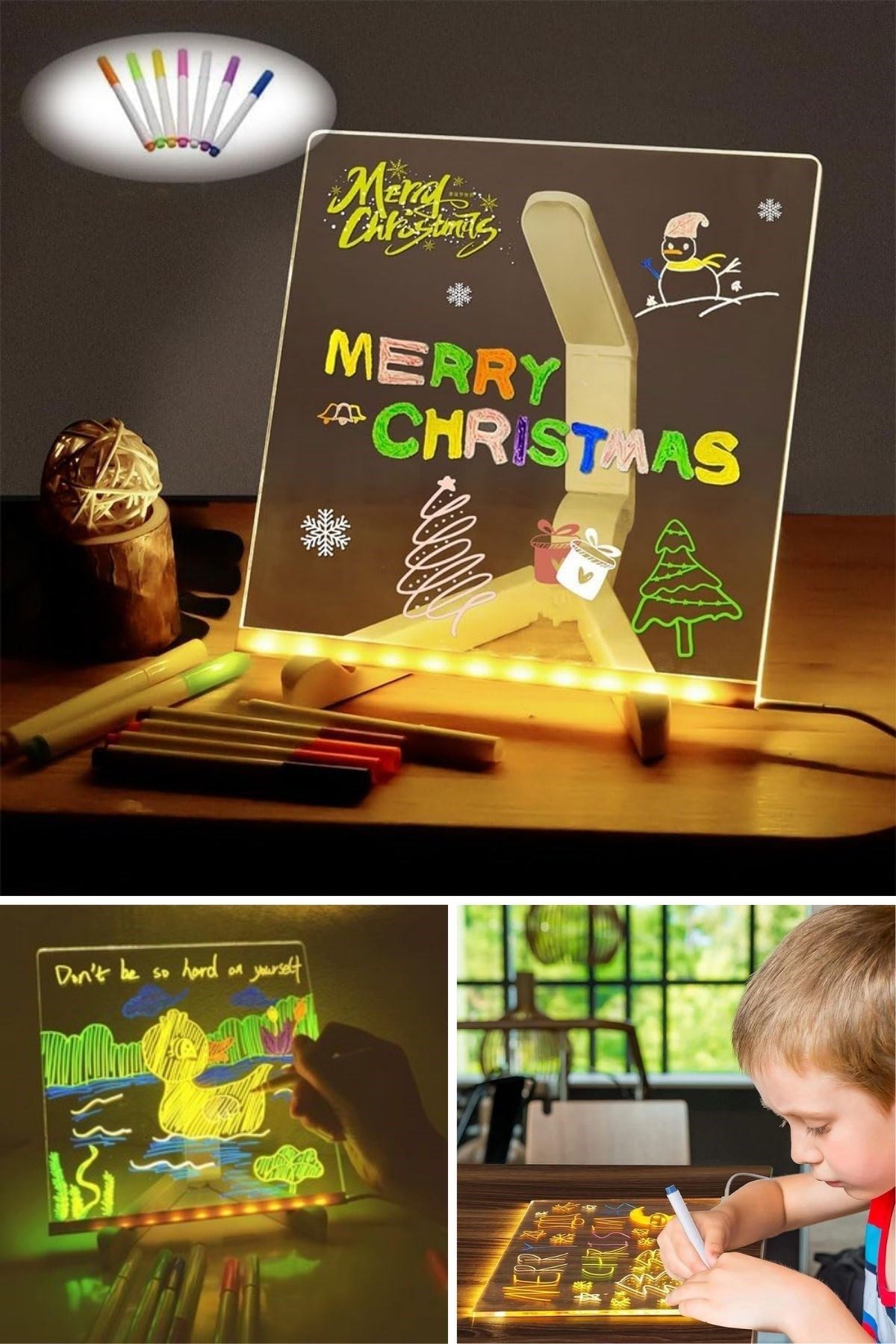 TBL Dekor® LED Işıklı Kendiliğinden Renkli Fosforlu Kalemli Kare Yazı Panosu 20x20 cm