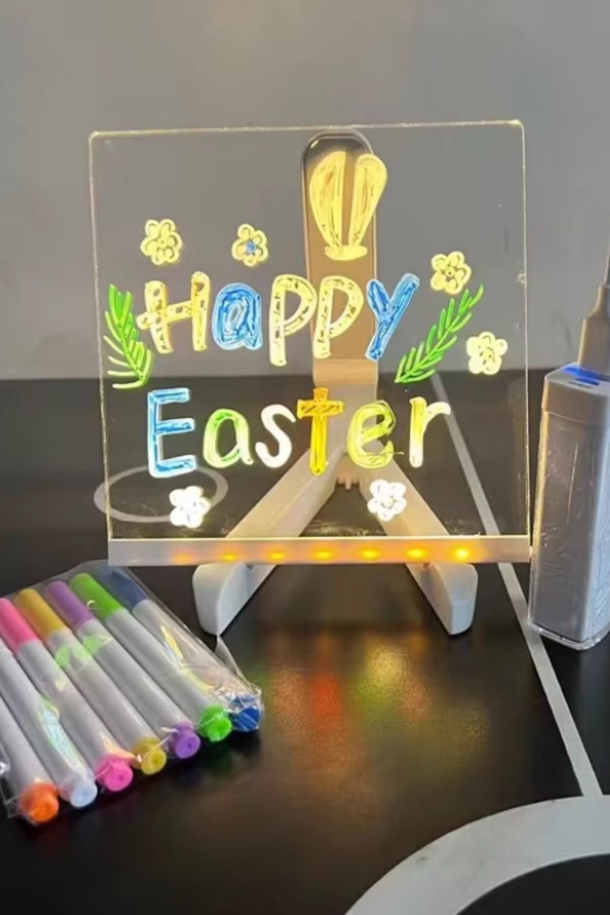 TBL Dekor® LED Işıklı Kendiliğinden Renkli Fosforlu Kalemli Kare Yazı Panosu 20x20 cm