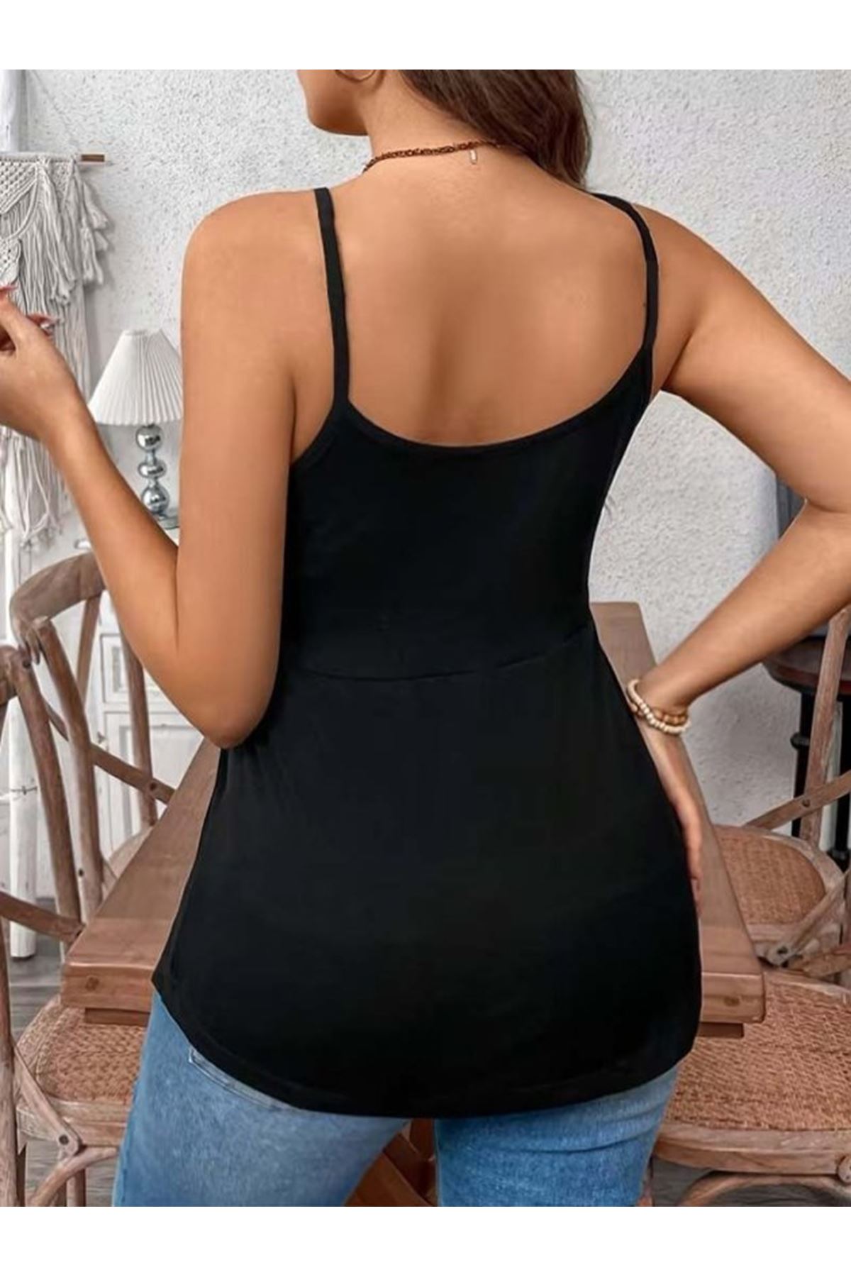 Kadın önden çapraz Askılı Uzun Vıskon Bluz