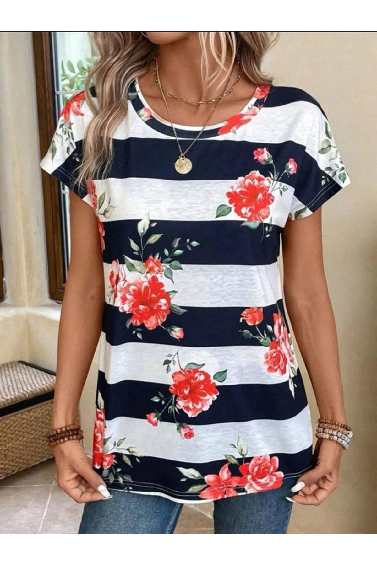 Kadın Gül Desenli çizgili Süprem Tshirt