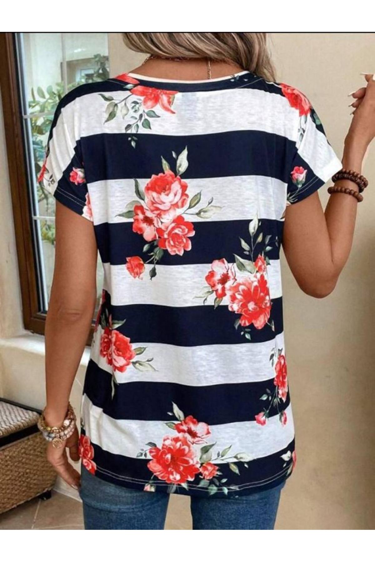 Kadın Gül Desenli çizgili Süprem Tshirt