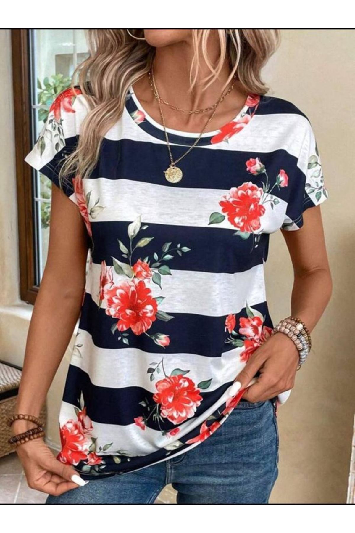 Kadın Gül Desenli çizgili Süprem Tshirt