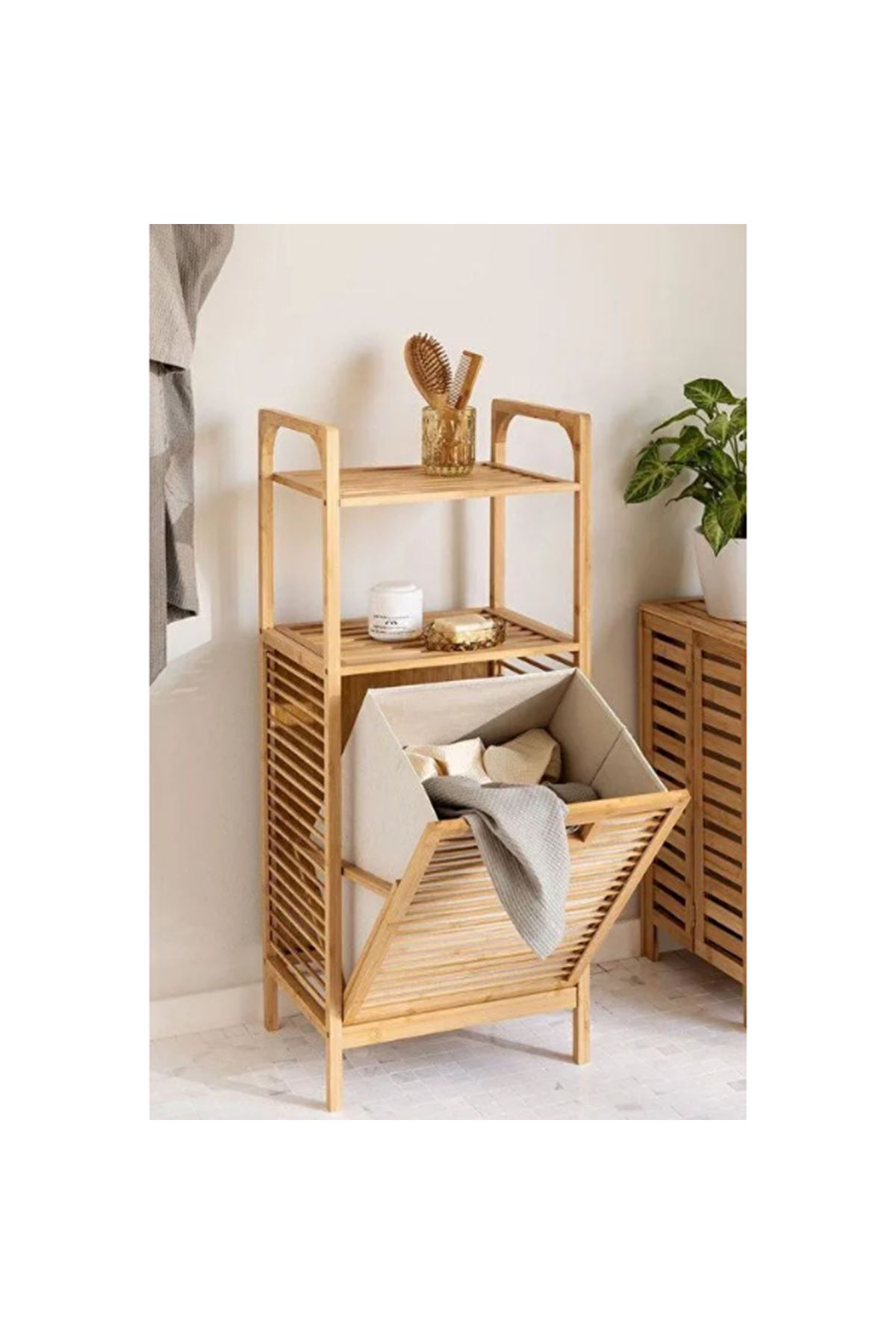 2 Organizer Raflı Ahşap Bambu Çek-Aç Kirli Sepeti