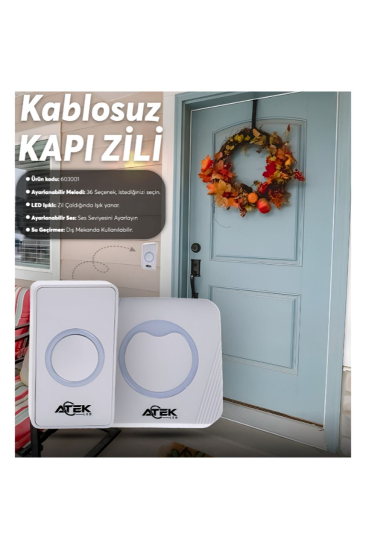 Beyaz Kablosuz Su Geçirmez Kapı Zili