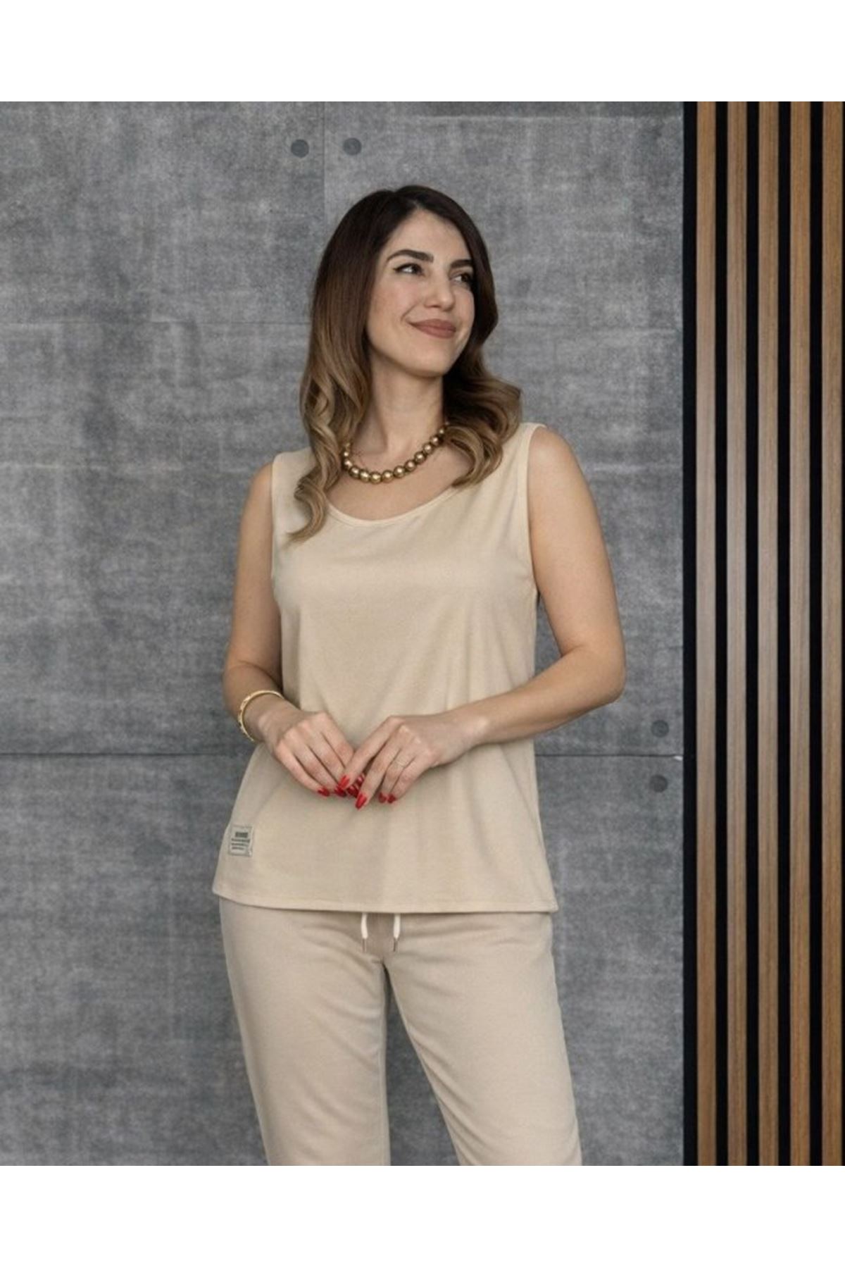 Kadın Askılı Yuvarlak Yaka Viskon Iki Iplik Bluz Ve Eşofman Altı Ikili Takım