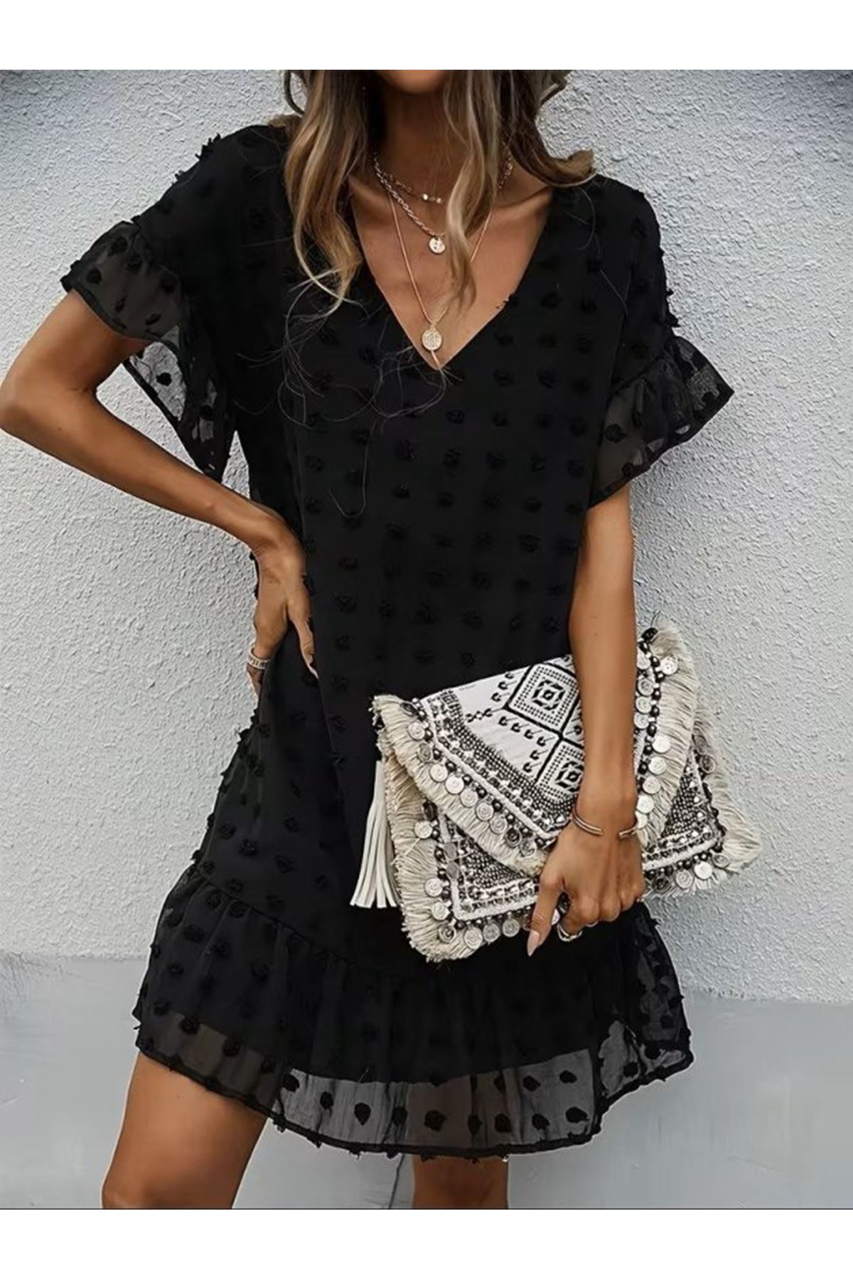 Kadın Kısa Kollu V Yakalı Kısa Puantıyeli şifon Elbise