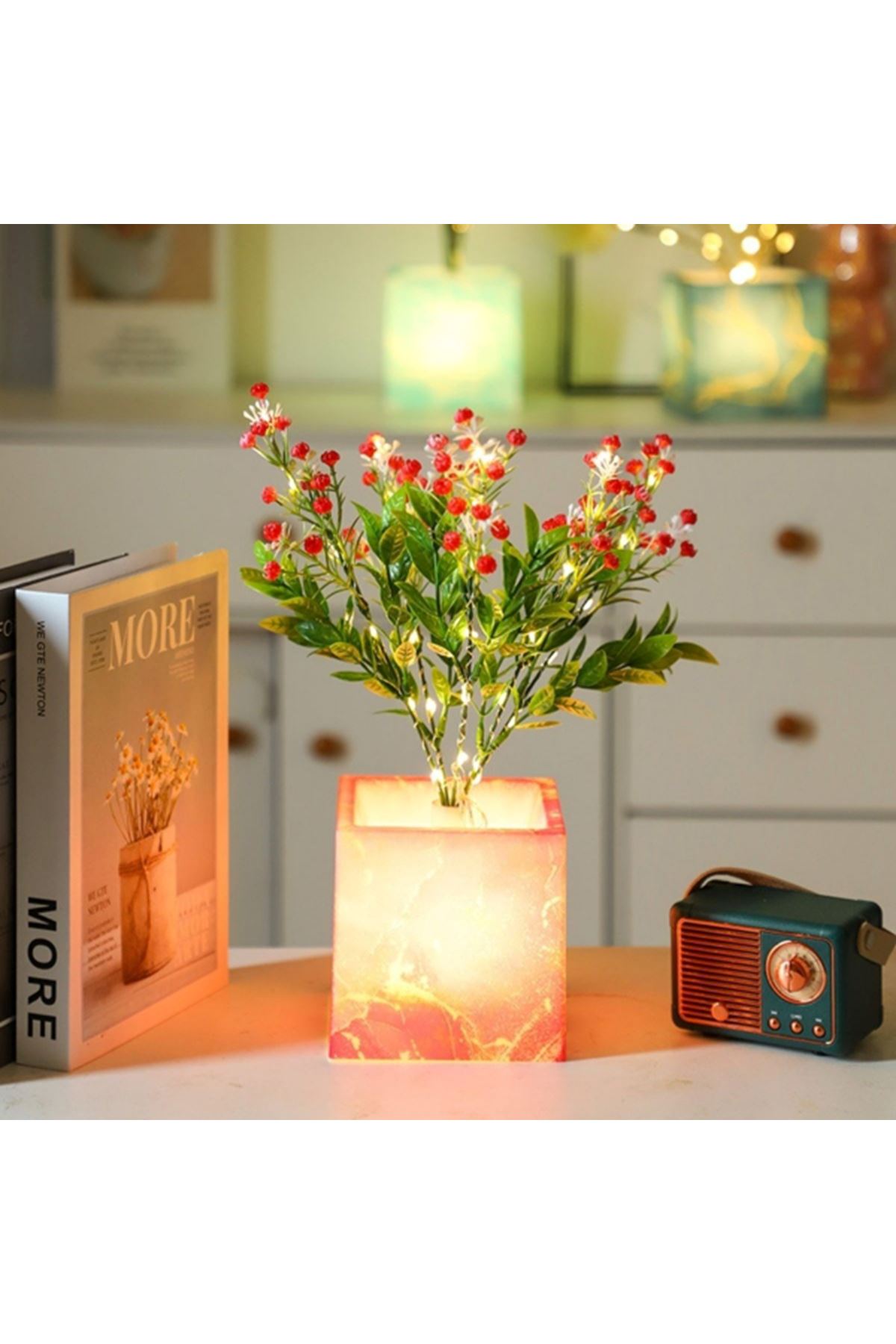 Pembe Saksılı LED Yapay Çiçek