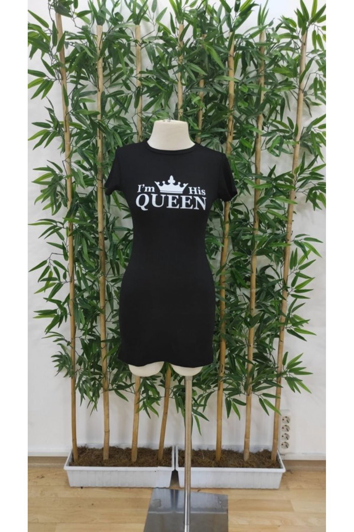 Kadın Kısa Kollu Queen Baskı Iki Iplik Mini Elbise