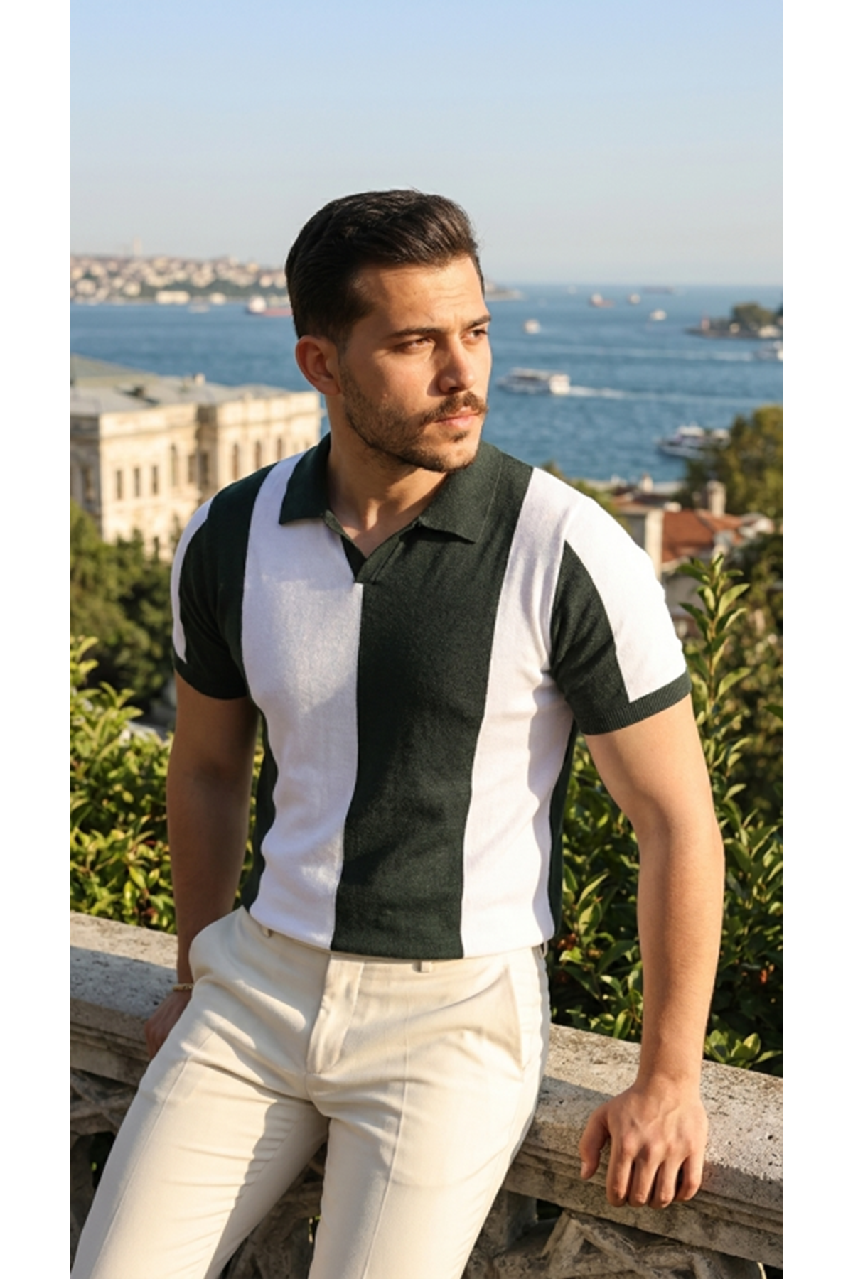 Erkek Kısa Kollu Polo Yakalı Blok Desenli Triko Bluz