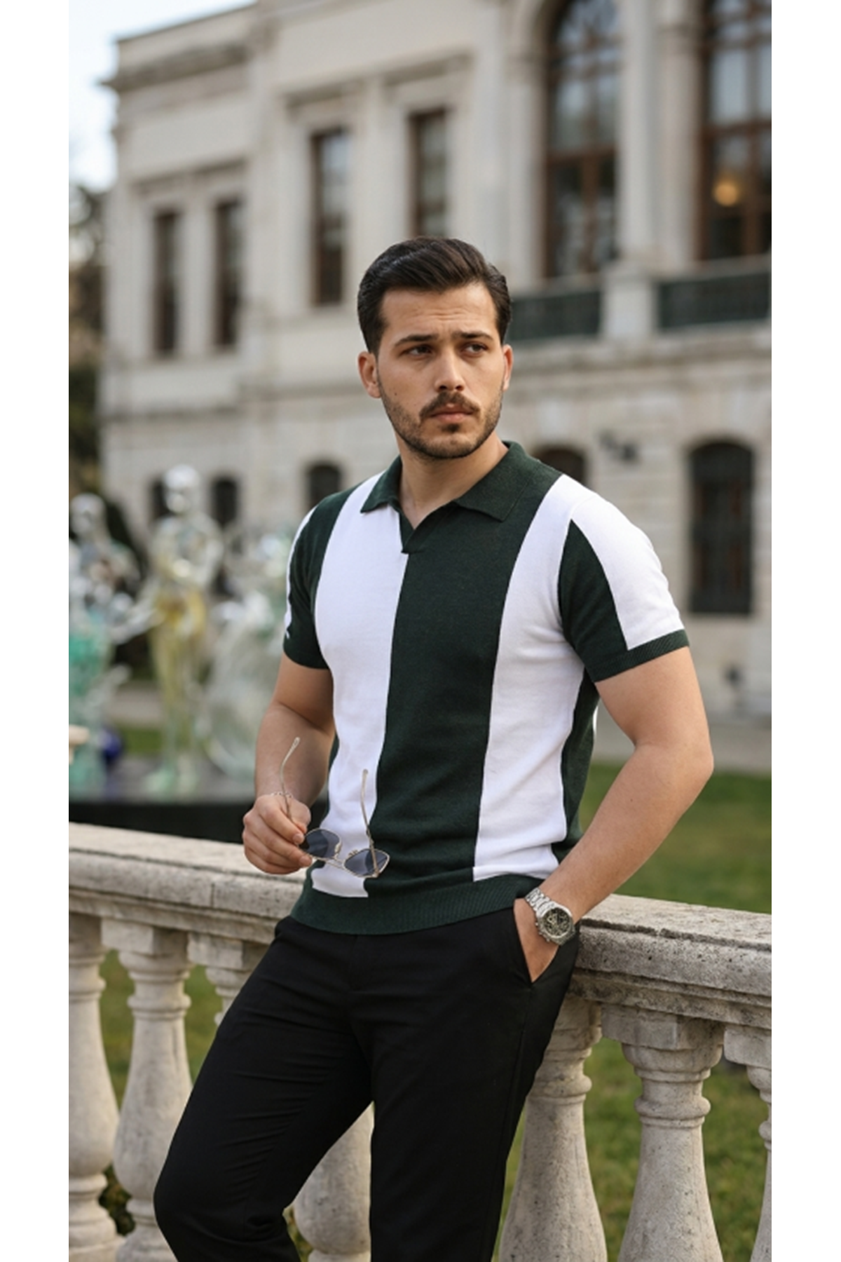 Erkek Kısa Kollu Polo Yakalı Blok Desenli Triko Bluz
