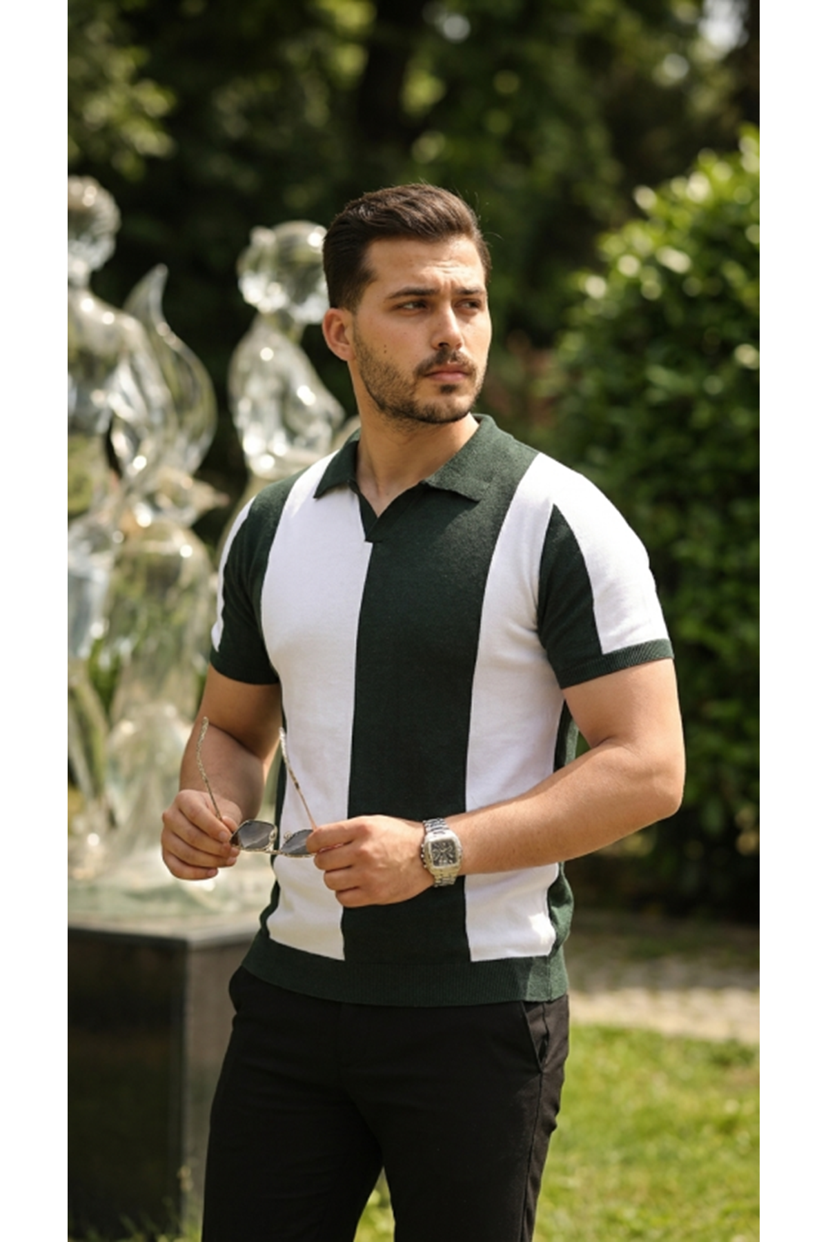 Erkek Kısa Kollu Polo Yakalı Blok Desenli Triko Bluz
