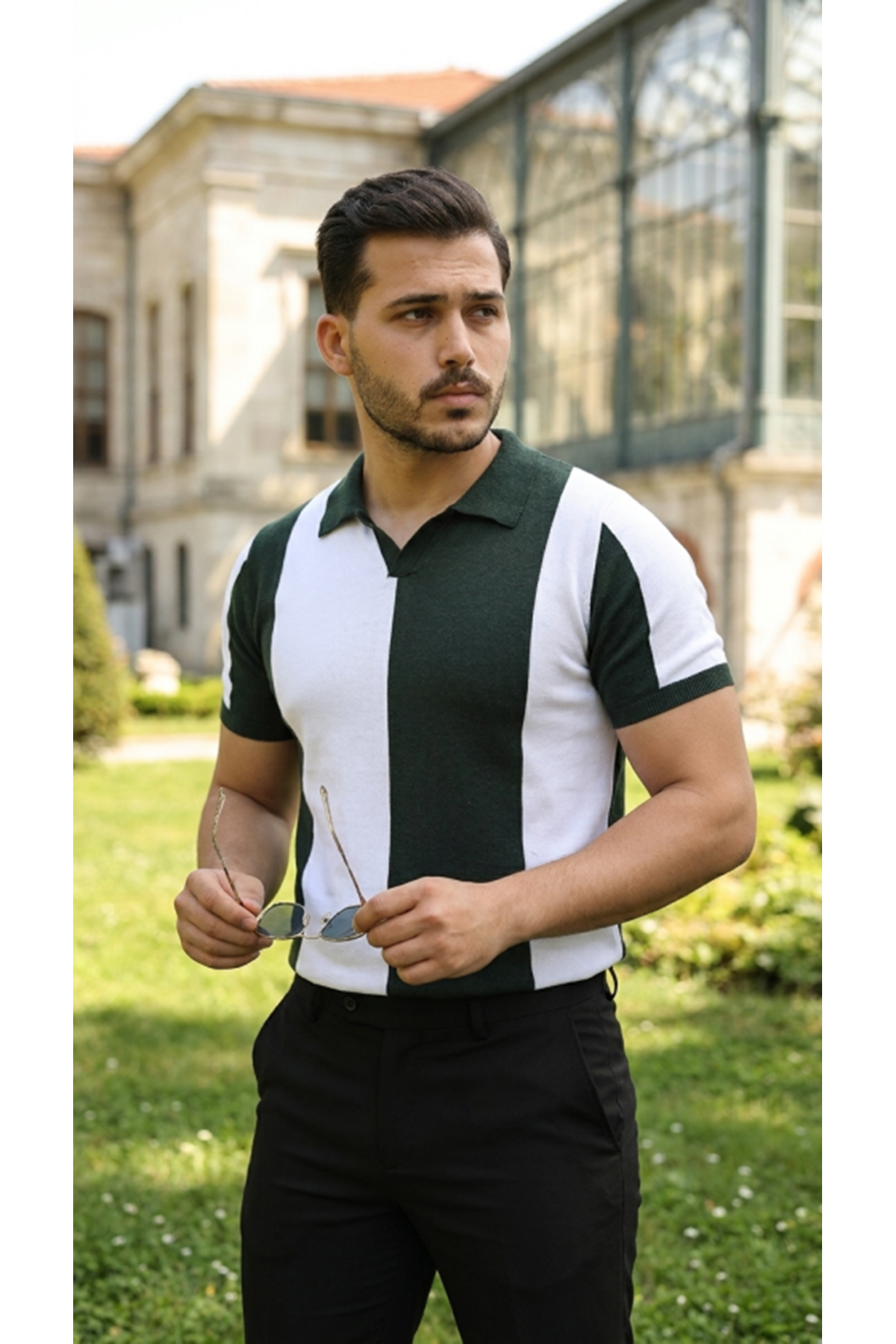 Erkek Kısa Kollu Polo Yakalı Blok Desenli Triko Bluz