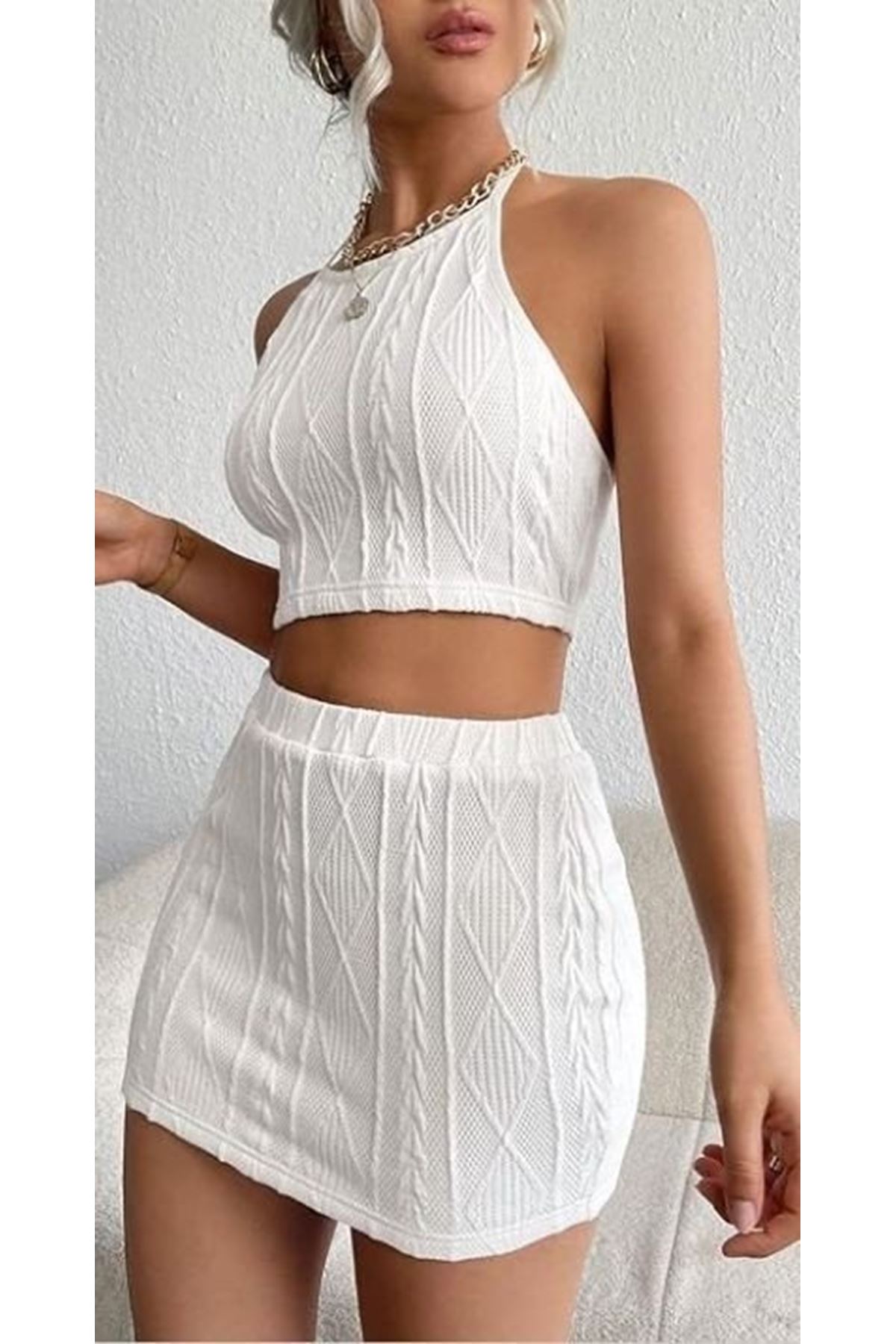 Kadın Sıfır Kol Crop Mini Etek Ikili Triko Takım