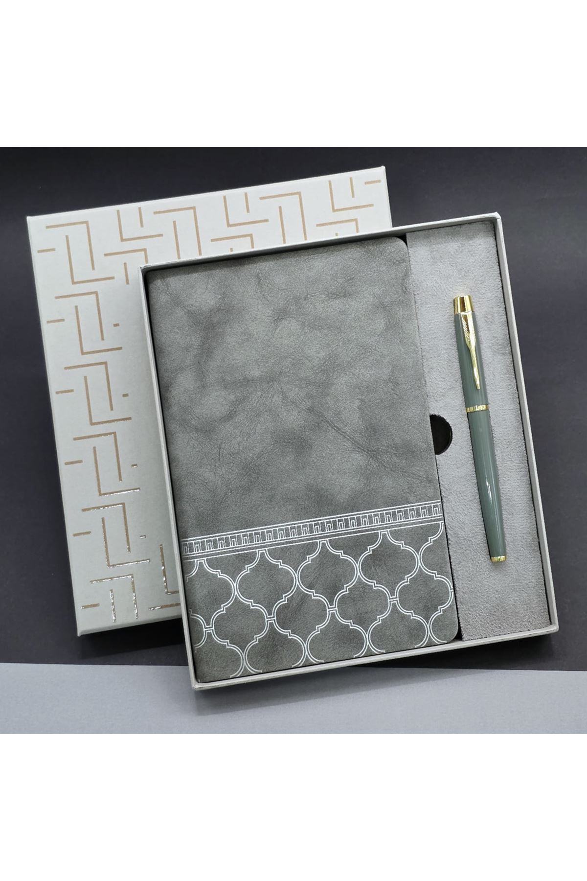 Gri Renk Defter Ve Metal Roller Kalem Seti