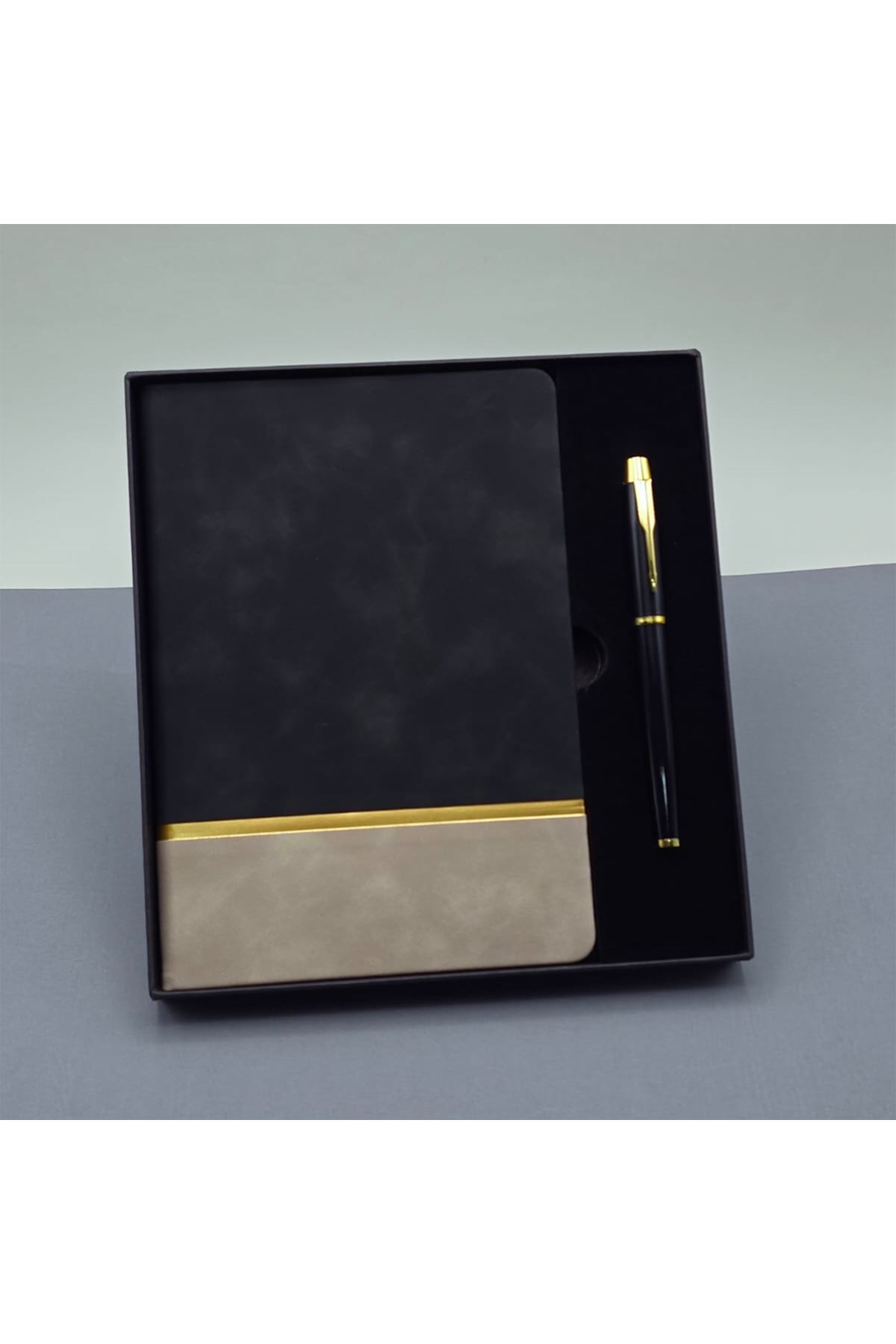 Siyah Gold Detaylı Termo Deri Defter Ve Metal Roller Kalem Hediye Seti