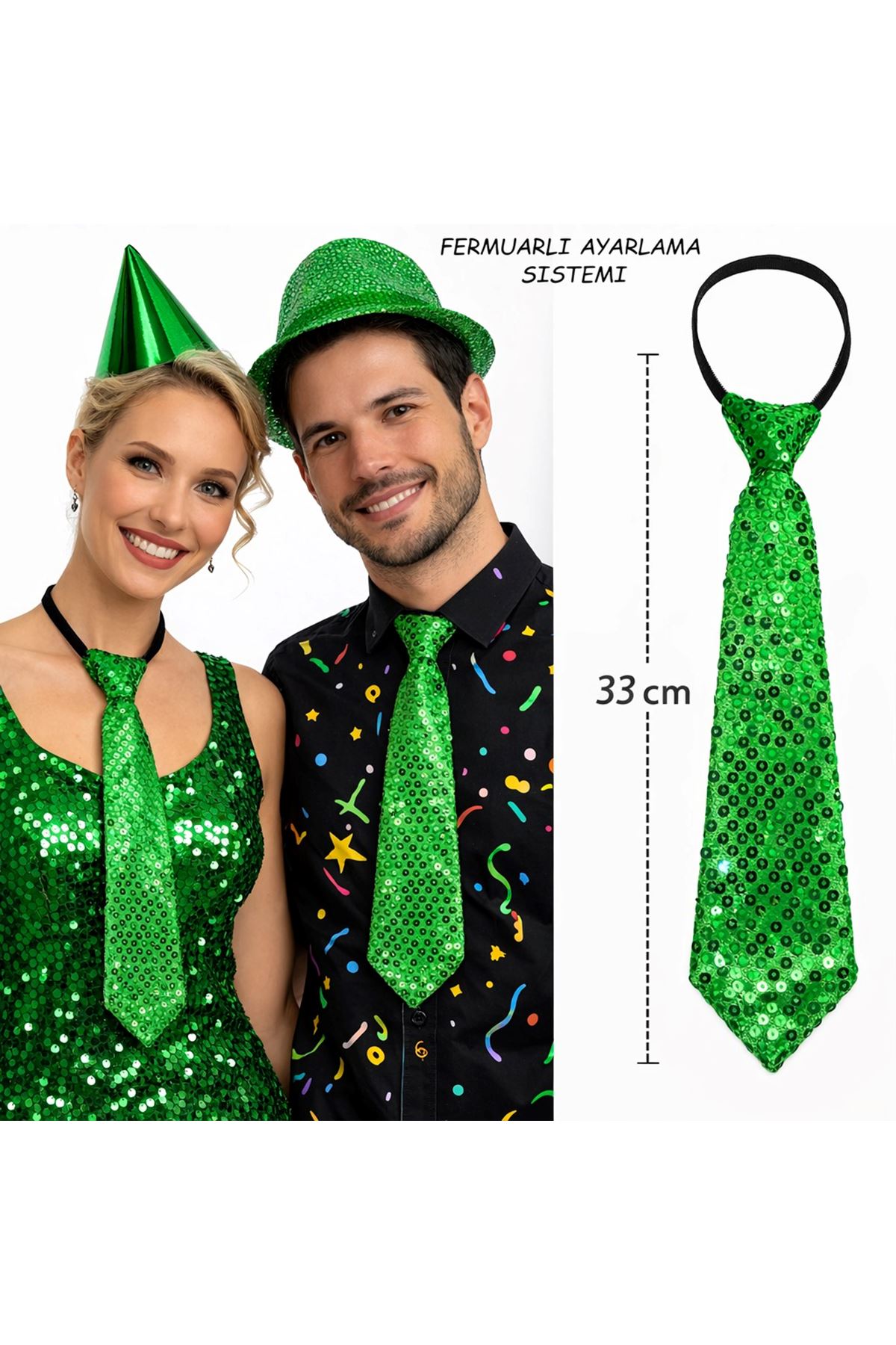 Yeşil Renk Pul Payetli Işıltılı Parti Kravatı 33 cm