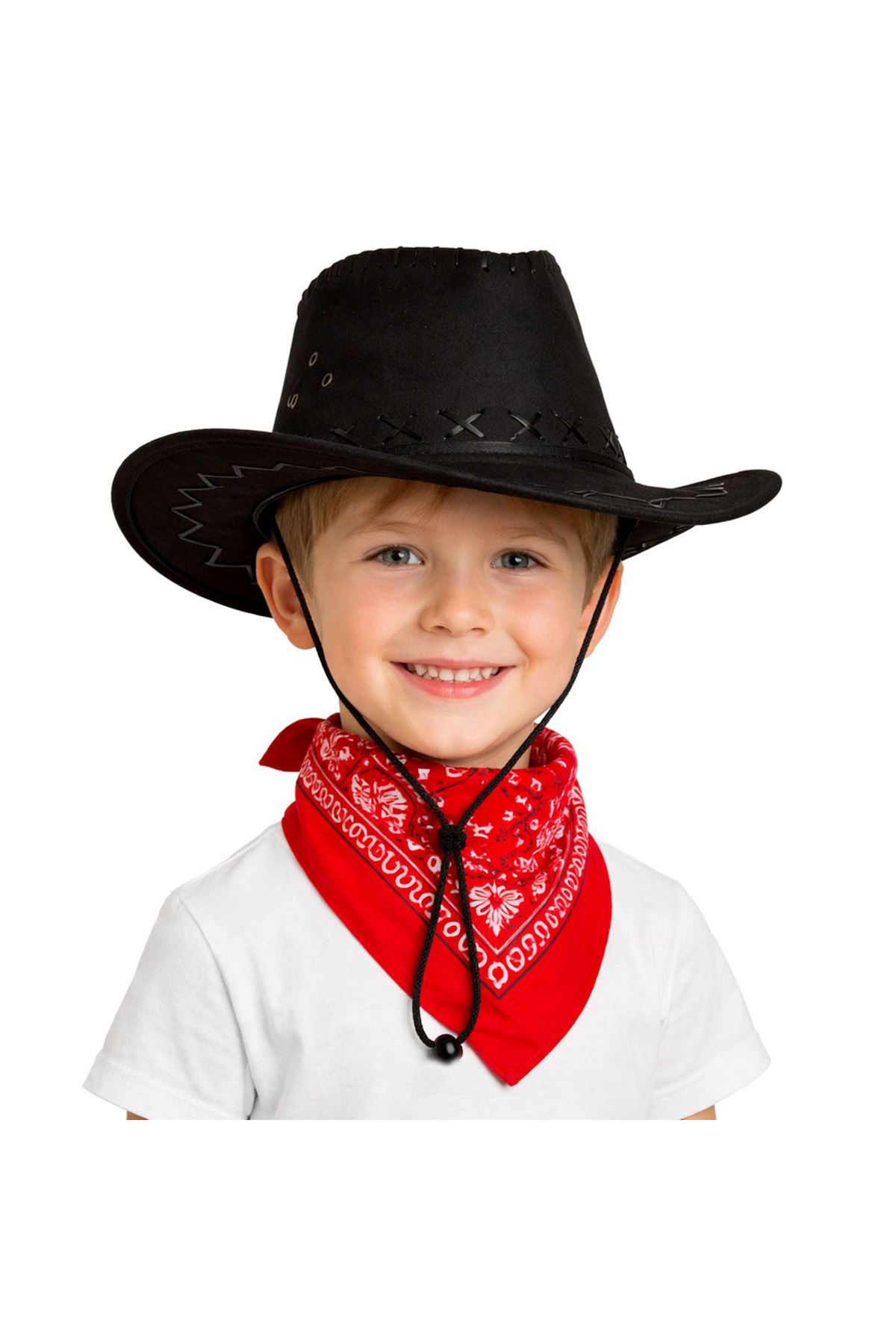 Çocuk Kovboy Şapka Siyah ve Kırmızı Bandana Seti