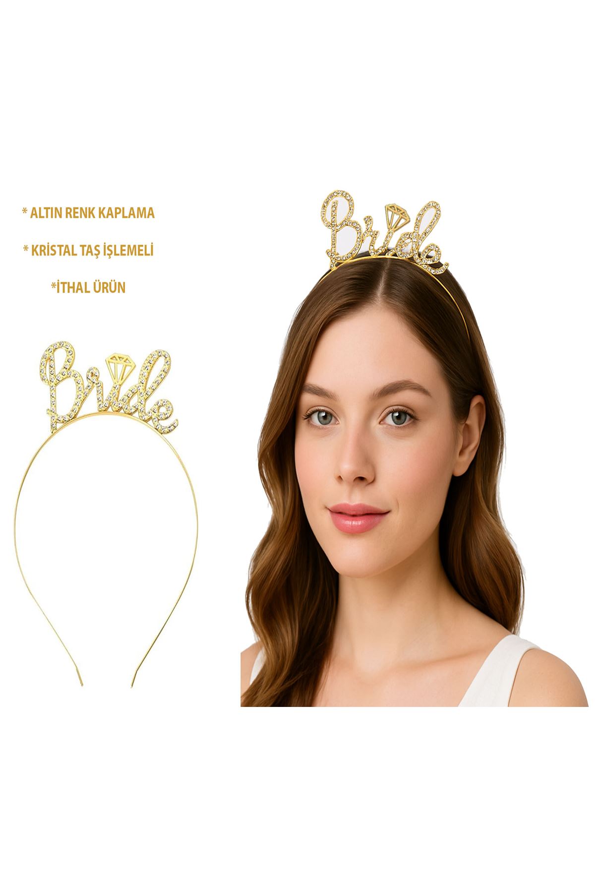 Altın Renkli Taşlı “Bride” Gelin Tacı