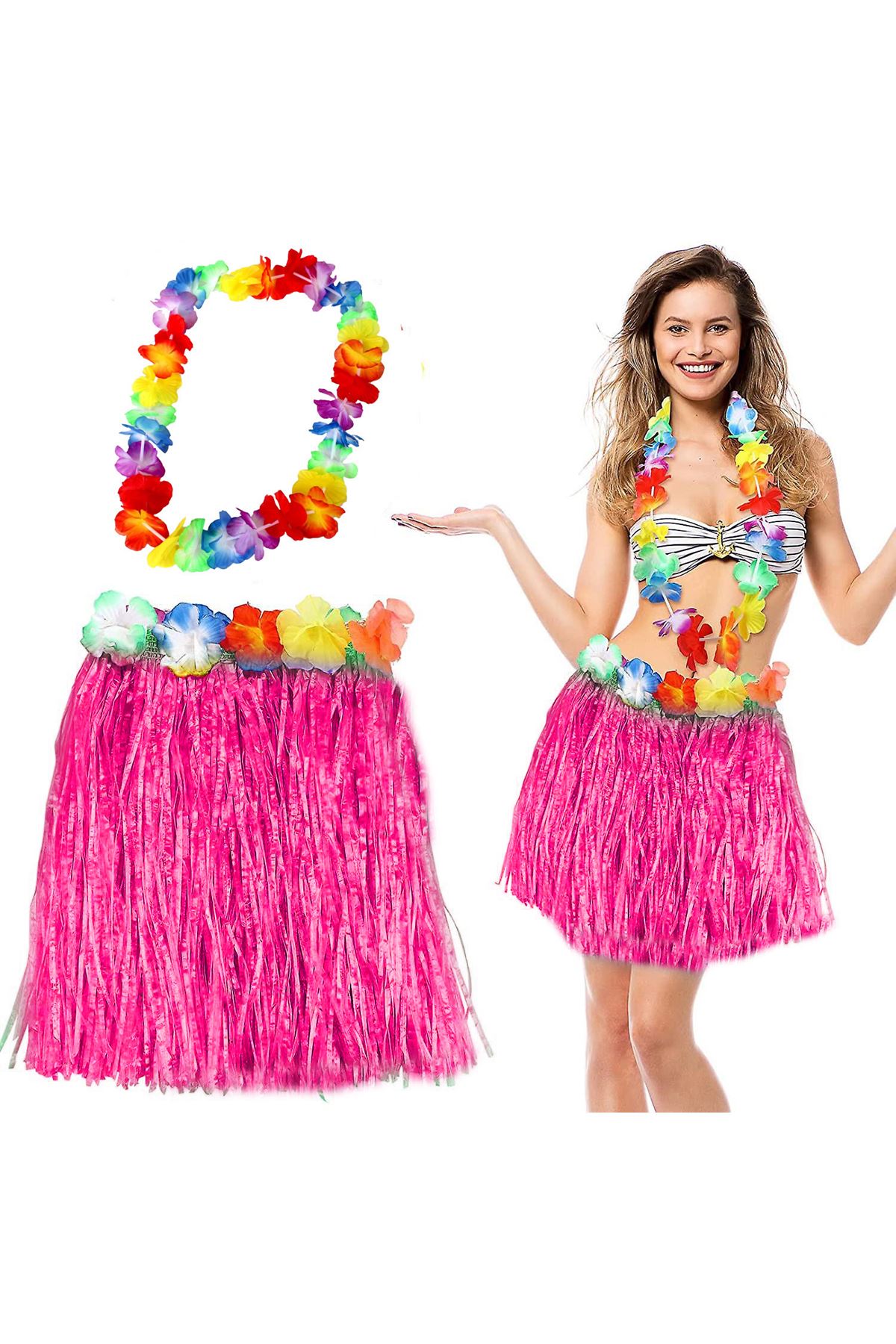 Hawaii Pembe Püsküllü 40 cm Etek ve Kolye Seti