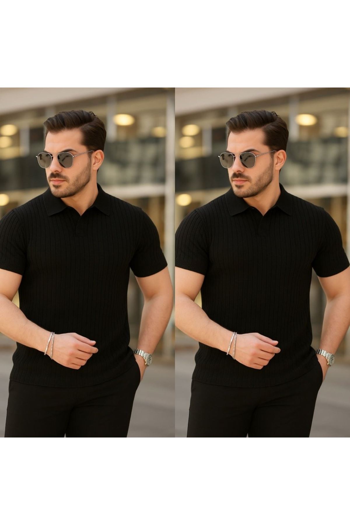 Erkek Kısa Kollu Yakalı çizgi Desenli Triko Bluz