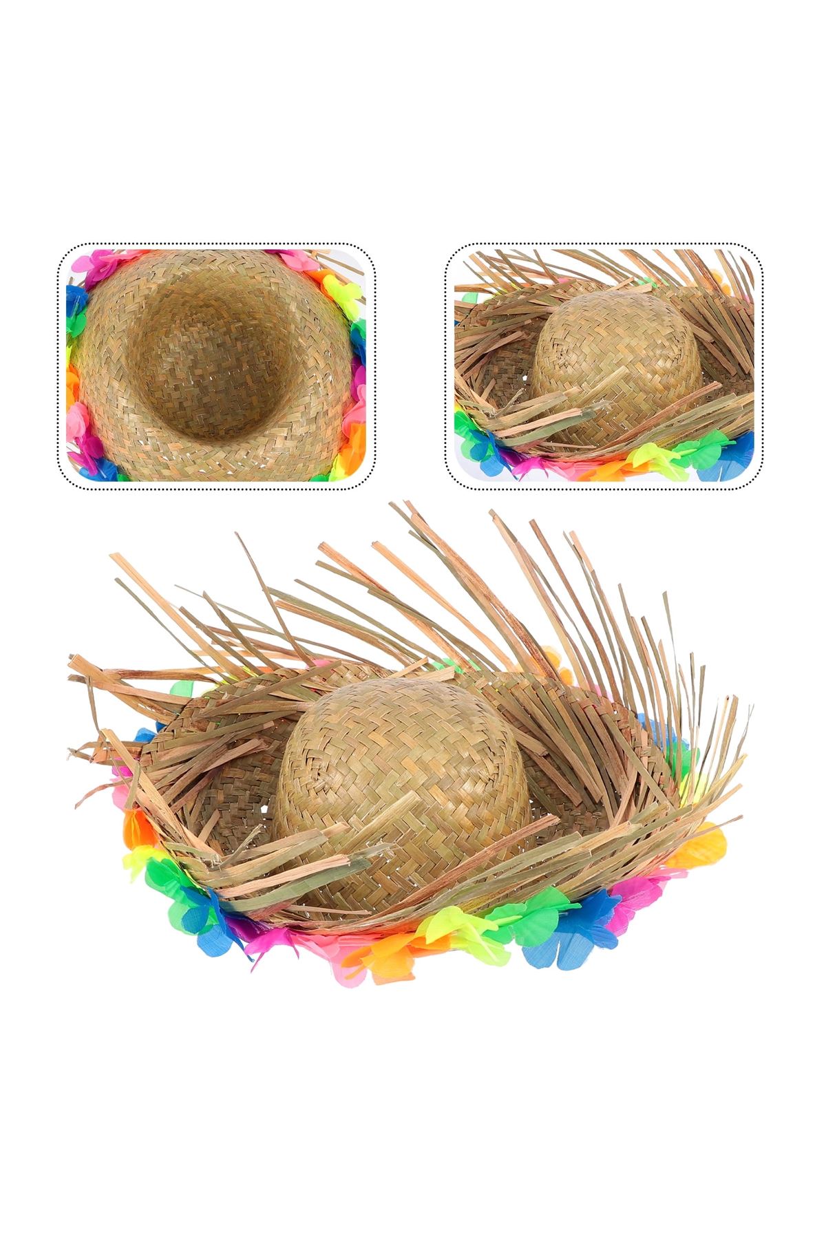 Natural Renkli Püsküllü Örme Hasır Hawaii Şapka