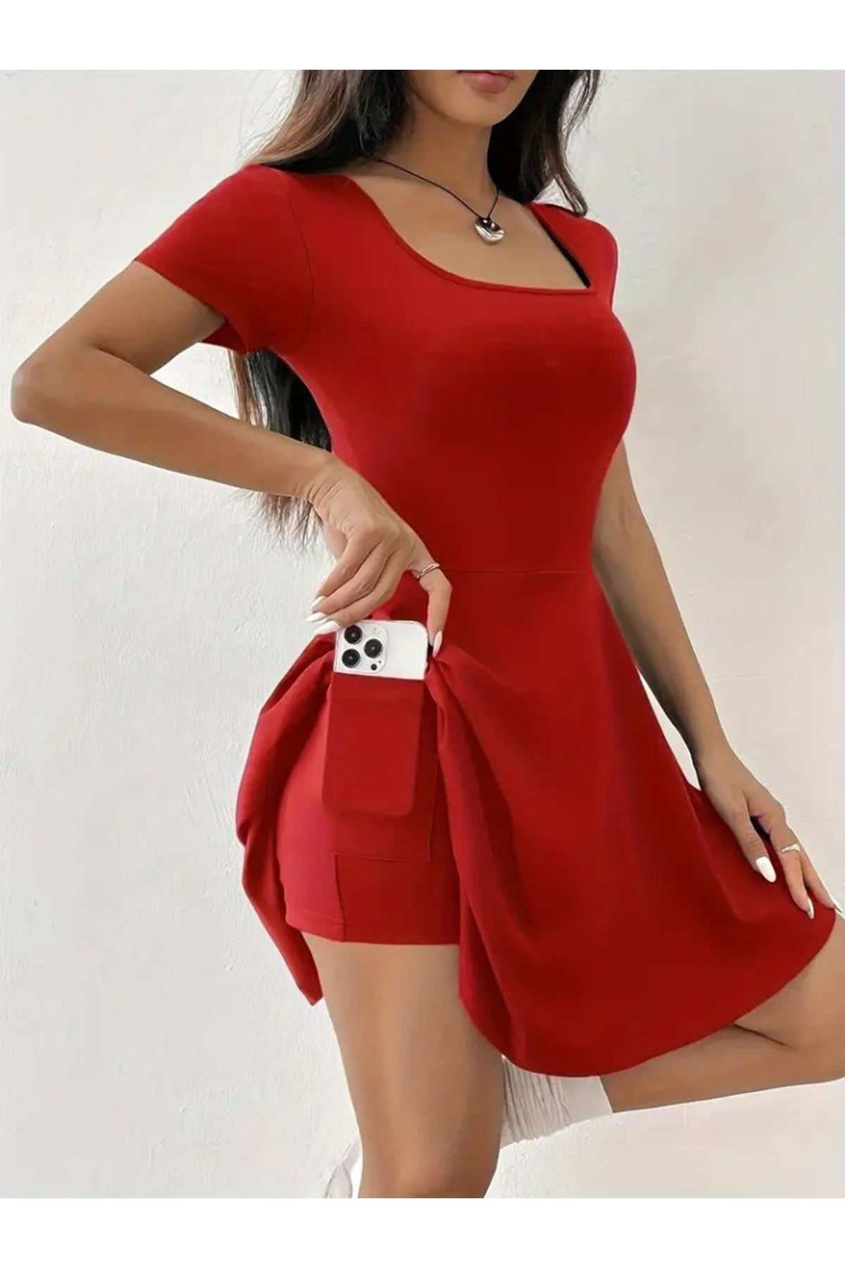 Kadın Kısa Kollu Kare Yaka Short Detaylı Cepli Dalgıç Elbise