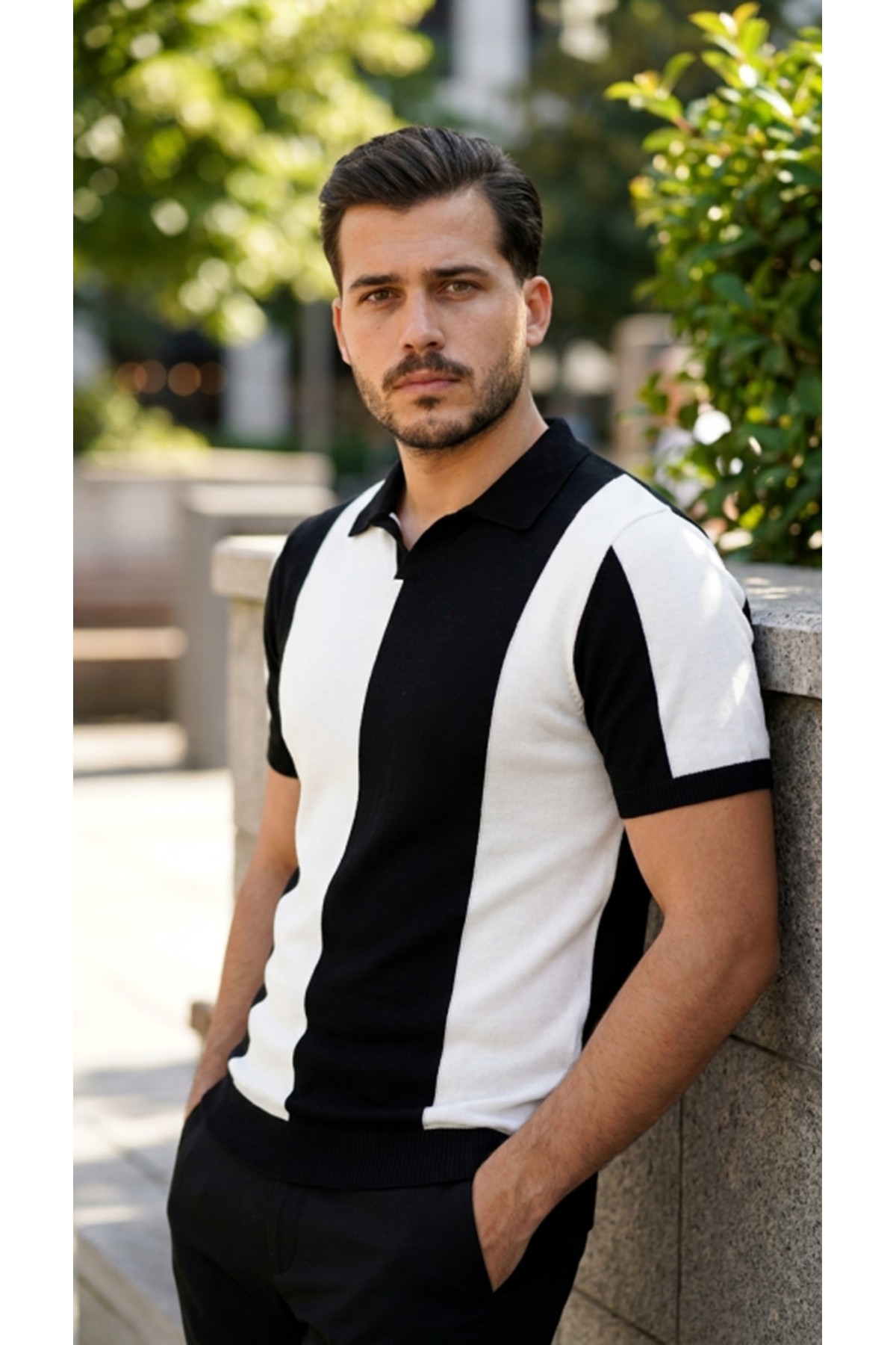 Erkek Kısa Kollu Polo Yakalı Blok Desenli Triko Bluz