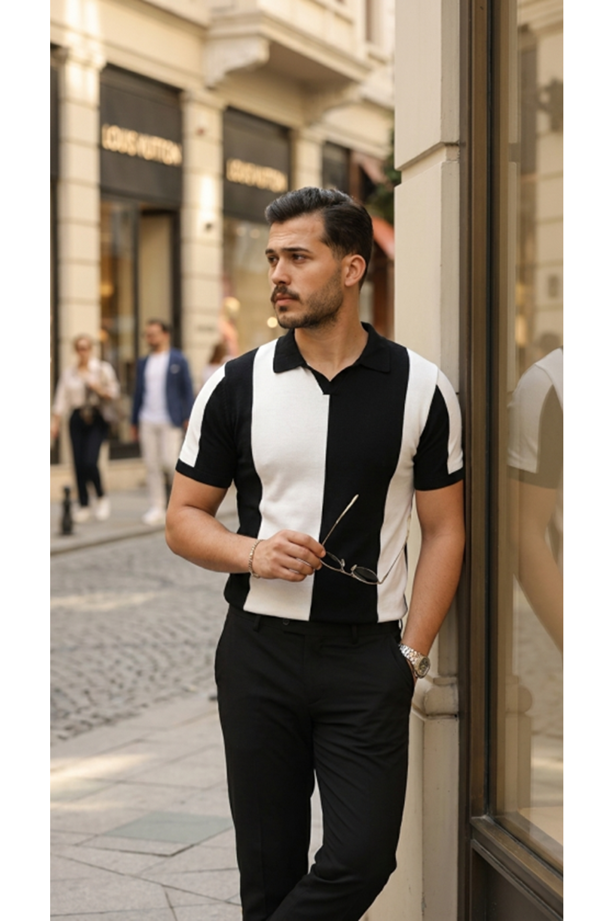 Erkek Kısa Kollu Polo Yakalı Blok Desenli Triko Bluz