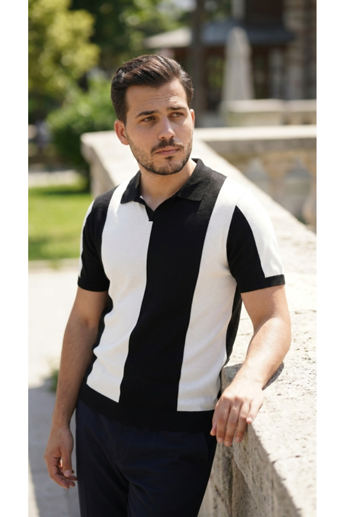 Erkek Kısa Kollu Polo Yakalı Blok Desenli Triko Bluz